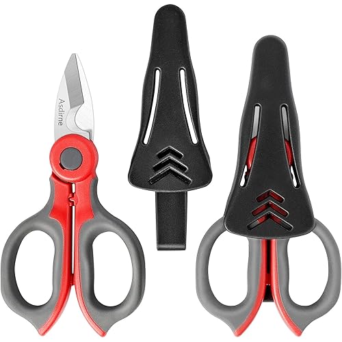 Asdirne Electrician Scissors, Heavy Duty Stainless Steel Sharp Blades and Soft Rubber Grip, Electrician Shears with Protective Cover, 6.1 Inch (Gray/Red)