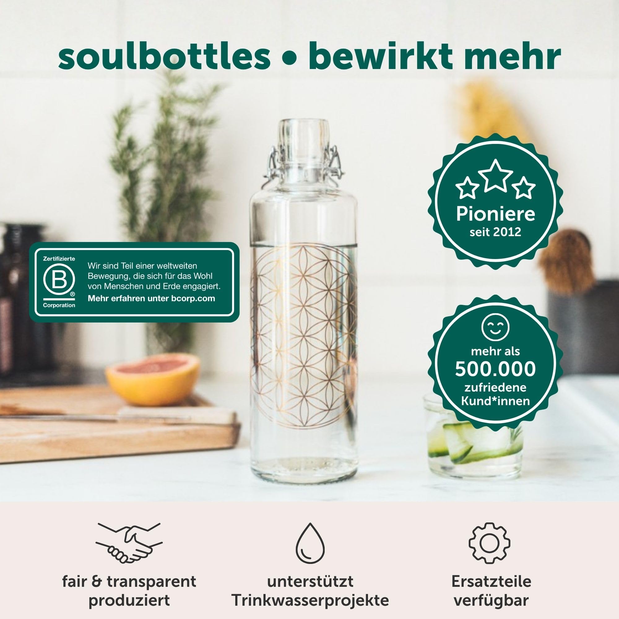 soulbottles Trinkflaschen-Set "Jellyfish & Soulsailor" • 2× 600 ml • Wasserflaschen aus Glas • Made in Germany • 100 % plastikfrei, auslaufsicher • Ideal für Zuhause, Schule & Büro