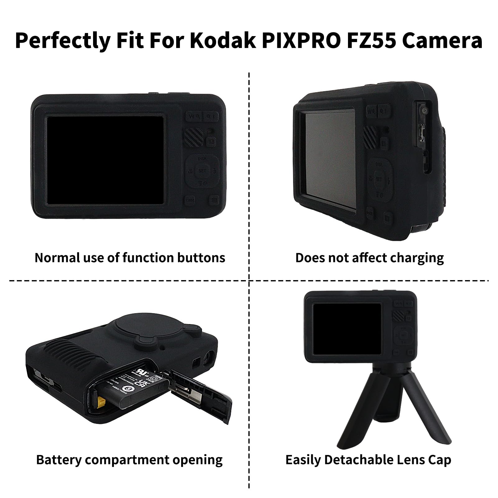 Rieibi Silikonowe etui do aparatu KODAK PIXPRO FZ55, akcesoria do KODAK PIXPRO FZ55 Etui zawiera 2 folie ochronne na ekran, zdejmowaną osłonę obiektywu, antypoślizgowa konstrukcja, czarne