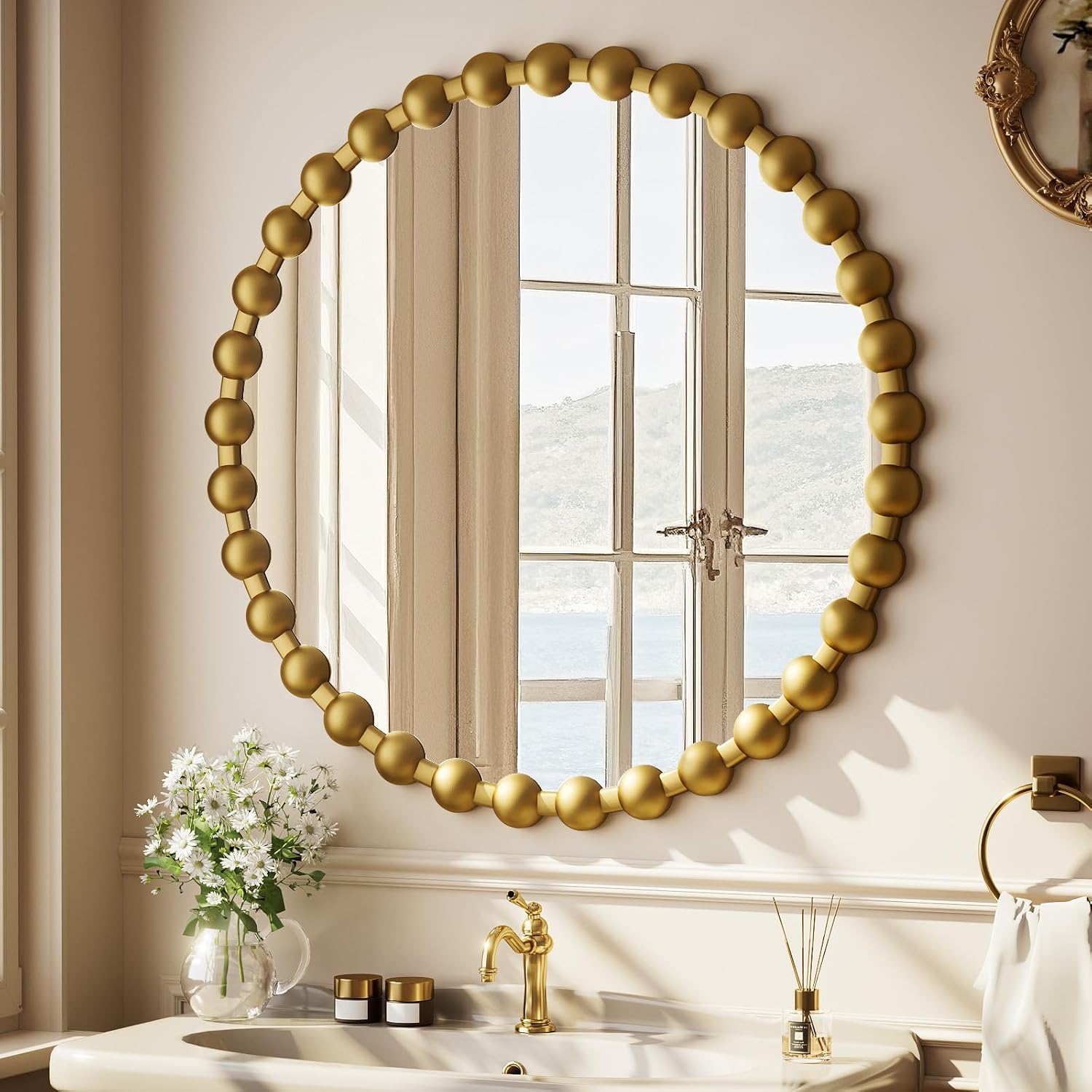 round mirror for wall, 28 inch gold beaded frame decorative vanity mirror, circle bathroom mirror with high-definition lense, modern wall decor for bathroom, living room, bedroom, entryway gold 28"l x 28"w