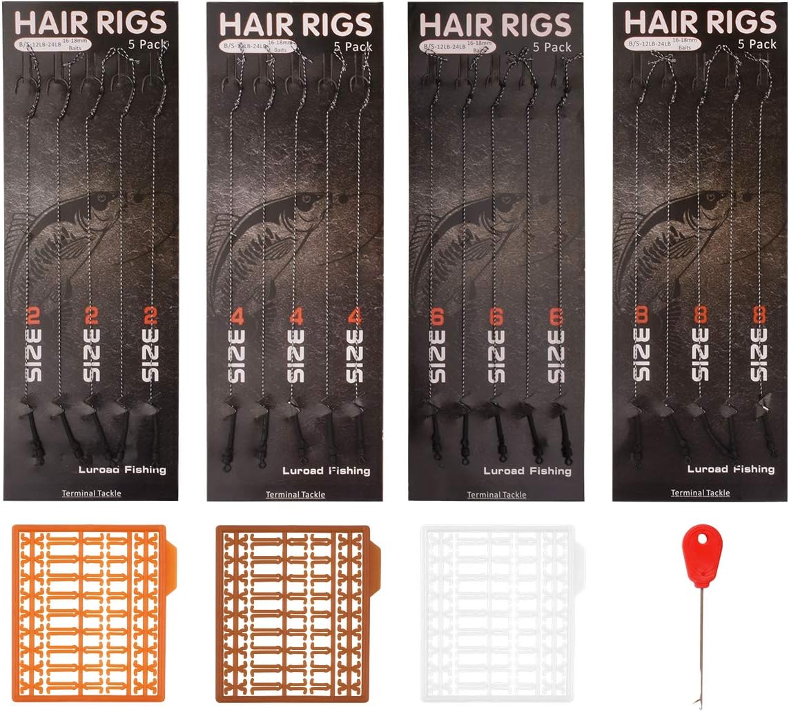 Carp Fishing Hair Rigs, 20 Pcs Curved Braided Barbless Barbed Carp Hook Anti-Tangle Swivel Braided Thread line with 3 Card Boilie Bait Stops Dumbell Stoppers and Stringer Needle