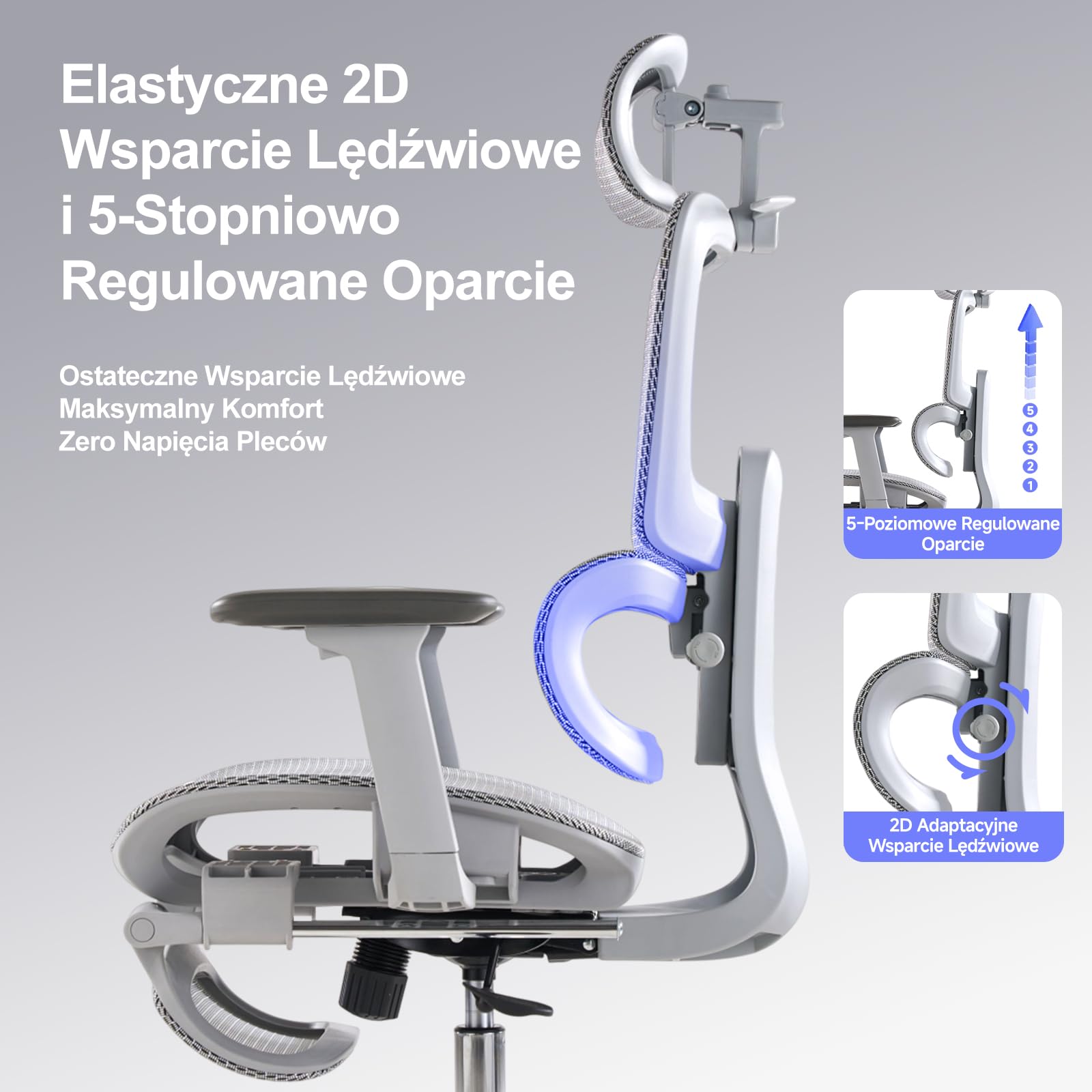 LarkLeaves Ergonomiczny Fotel Biurowy z Podnóżkiem Szary L10 Pro | Zagłówek 3D z wieszakiem, lędźwie 2D, podłokietniki 3D, oparcie 5-stopniowe, odchylenie 145 st., siatka, gumowe kółka