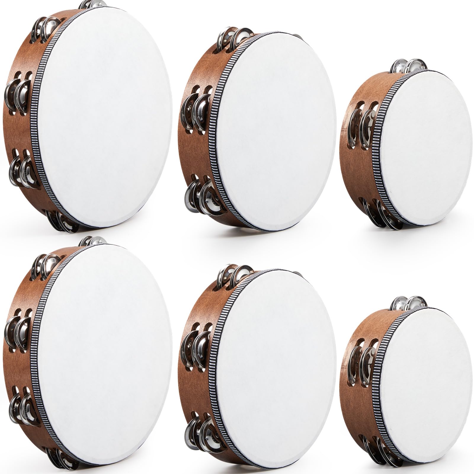 Boao Tamburin für Erwachsene, 15,2 cm, 20,3 cm, 25,4 cm, mit zweireihigem Schellen, Handschlagtrommel, Musikinstrument, Handglocke, Klatschtrommel, Holzmaserung, 6 Stück