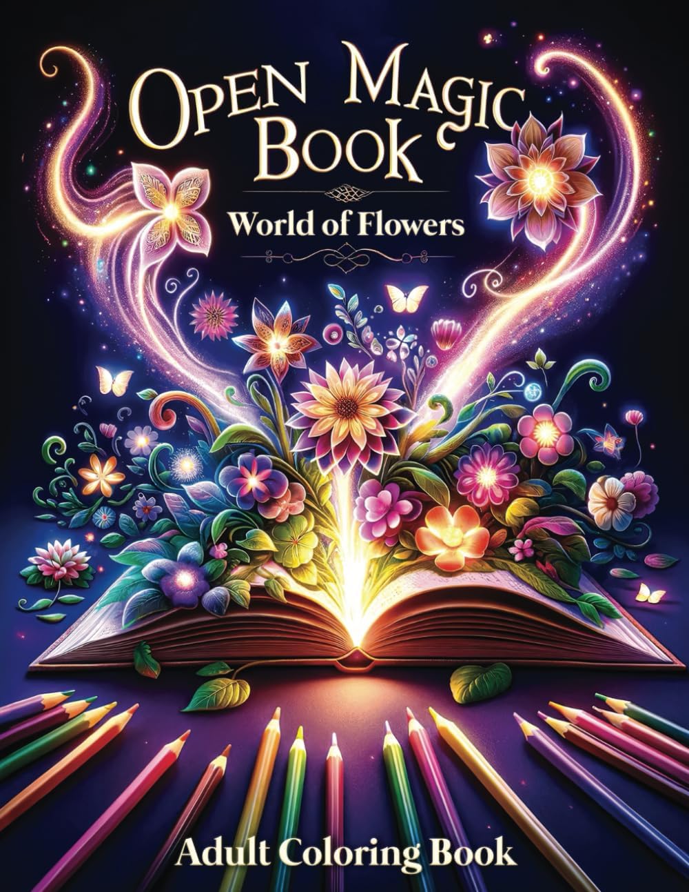 Open Magic Book - World of Flowers Adult Coloring Book: 70 Grayscale Illustrations of Enchanting Flowers in Open Magic Book (Open Magic Book Coloring Books)