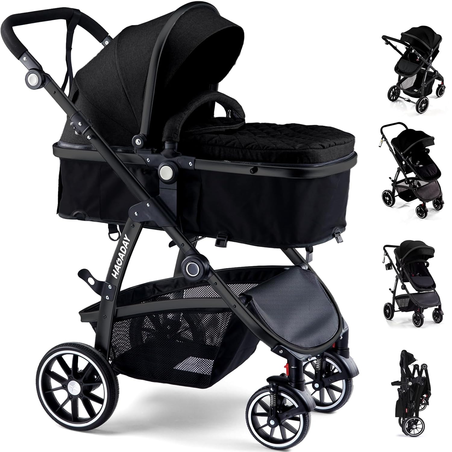 Baby Stroller, 2-in-1 Reversible Toddler Seat with Lie-Flat Mode, Foldable Infant Stroller with Canopy, One Button Brake, Adjustable Handle, Newborn Pushchair (Black B) Black-B