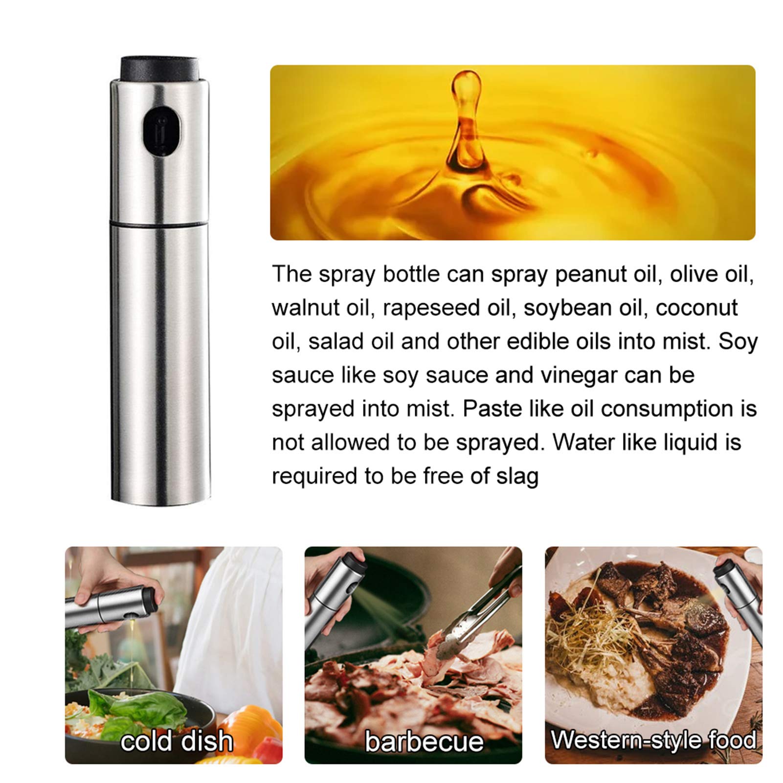 1 spruzzatore per olio, 135 ml, dispenser per aceto, in acciaio inox, ricaricabile, per barbecue, arrosti, grigliate, utensili da cucina
