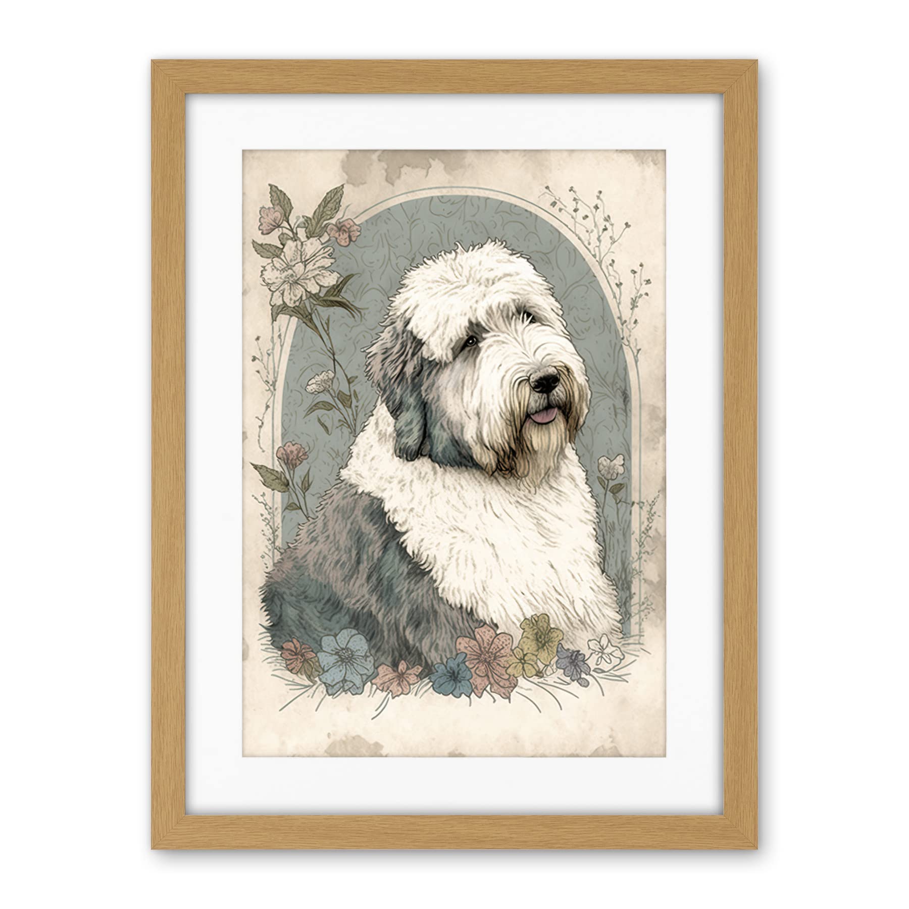 Artery8 English Sheepdog with Flower Blooms Boho Portrait Watercolour Illustration Artwork Framed Wall Art Print 18X24 Inch