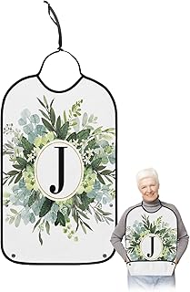 Kewadony Adult Bibs for Elderly Women - Eucalyptus Leaves Waterproof Dining Clothing Protectors with Crumb Catcher for Eating/Feeding, Spring Green Watercolor Monogram Letter J Terry Cloth Bib