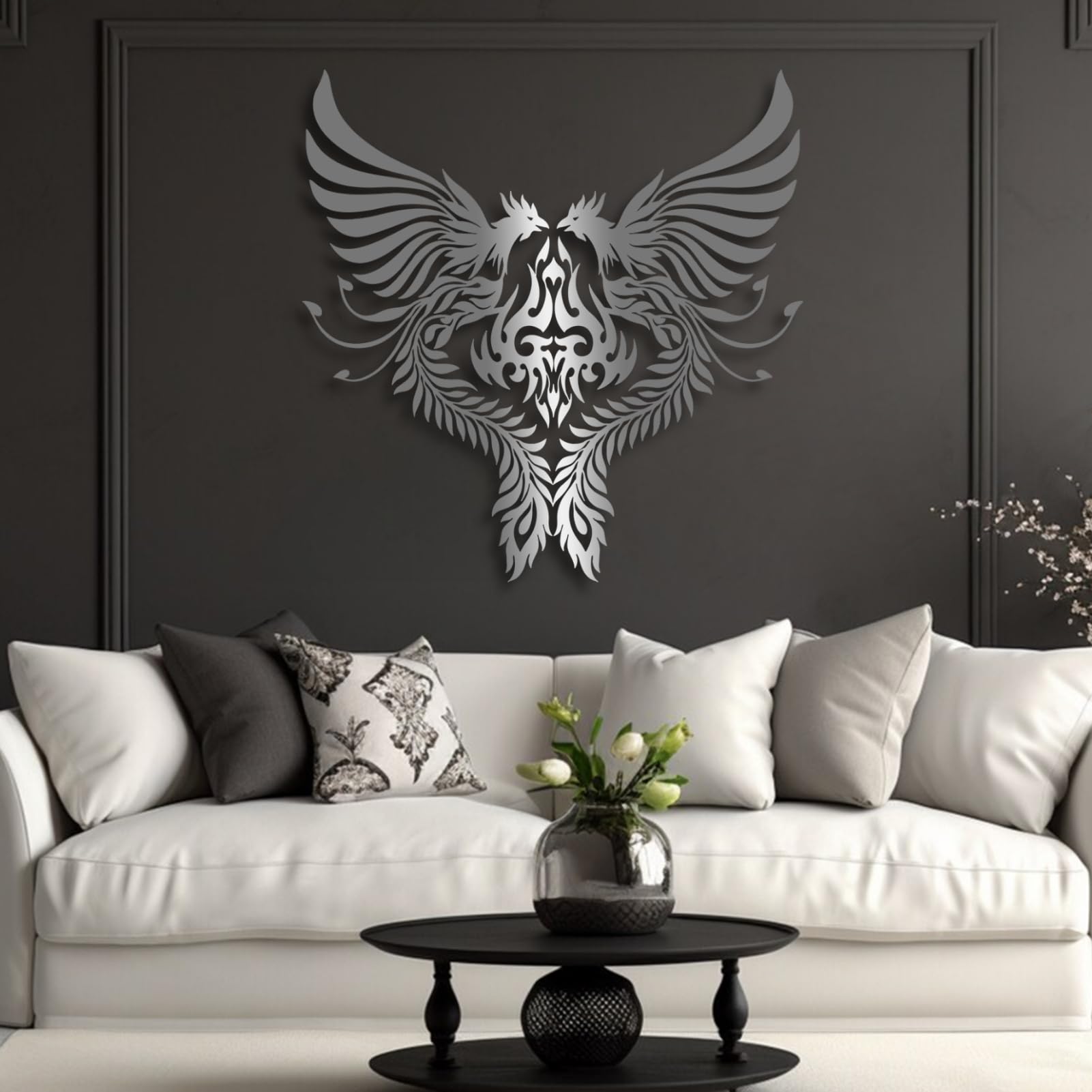 Oiseau phénix métal décoration murale moderne argenté 46x48cm chambre style bohème