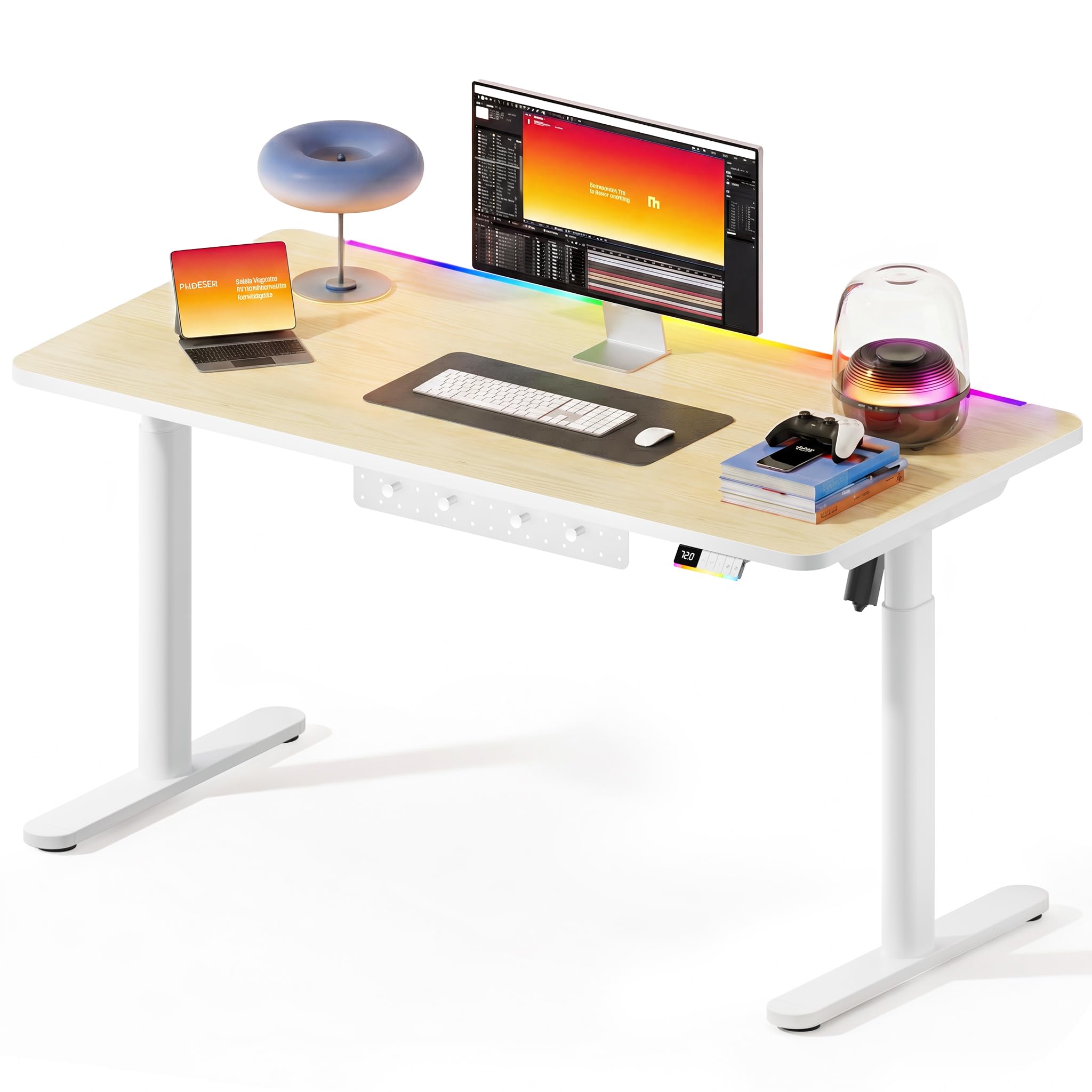 MAIDeSITe Bureau électrique réglable en hauteur - 140 x 70 cm - Bureau assis debout, bureau RVB avec LED, bureau gamer, table d'ordinateur pour salon