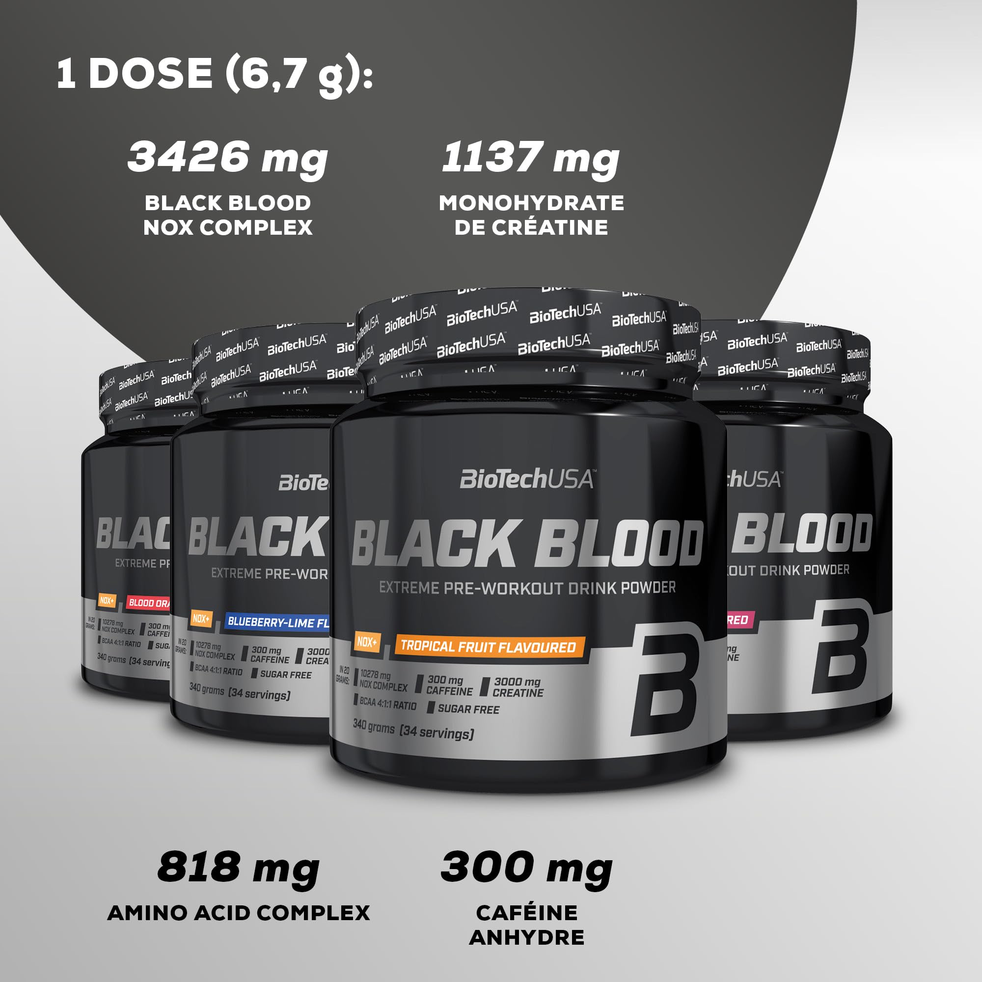 BioTechUSA Black Blood NOX+ | Pré-entraînement avec créatine & caféine | Citrulline, arginine & bêta-alanine | Vitamines B & C pour réduire la fatigue | Sans sucres | 340 g | Ruby berry