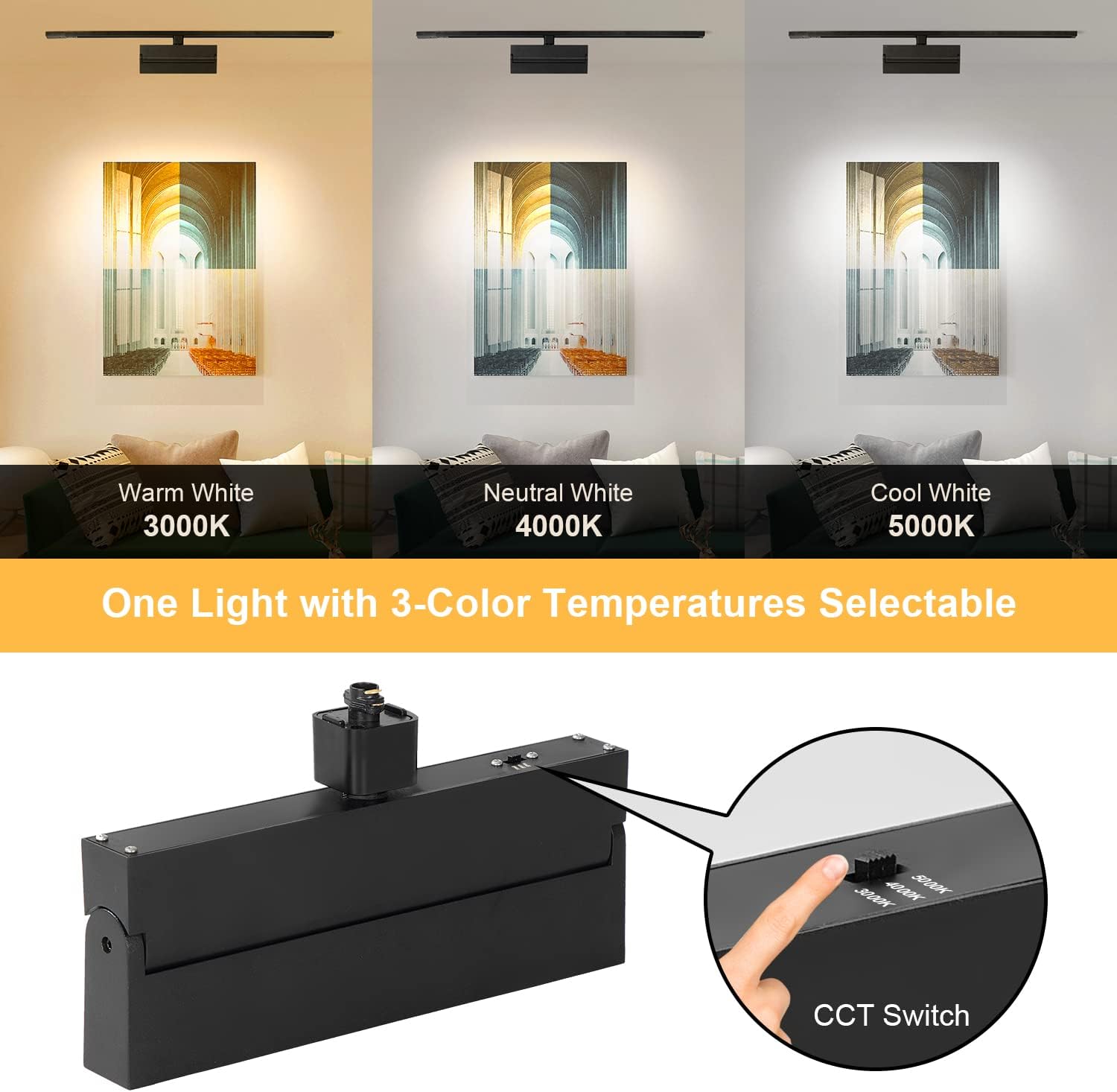 VANoopee 3-Color Wide Beam H Track Lighting Heads Dimmable Bright LED Track Lighting Fixtures for Accent Retail Kitchen Artwork, Ceiling Spotlight Track Light H Type - CRI90+ Black