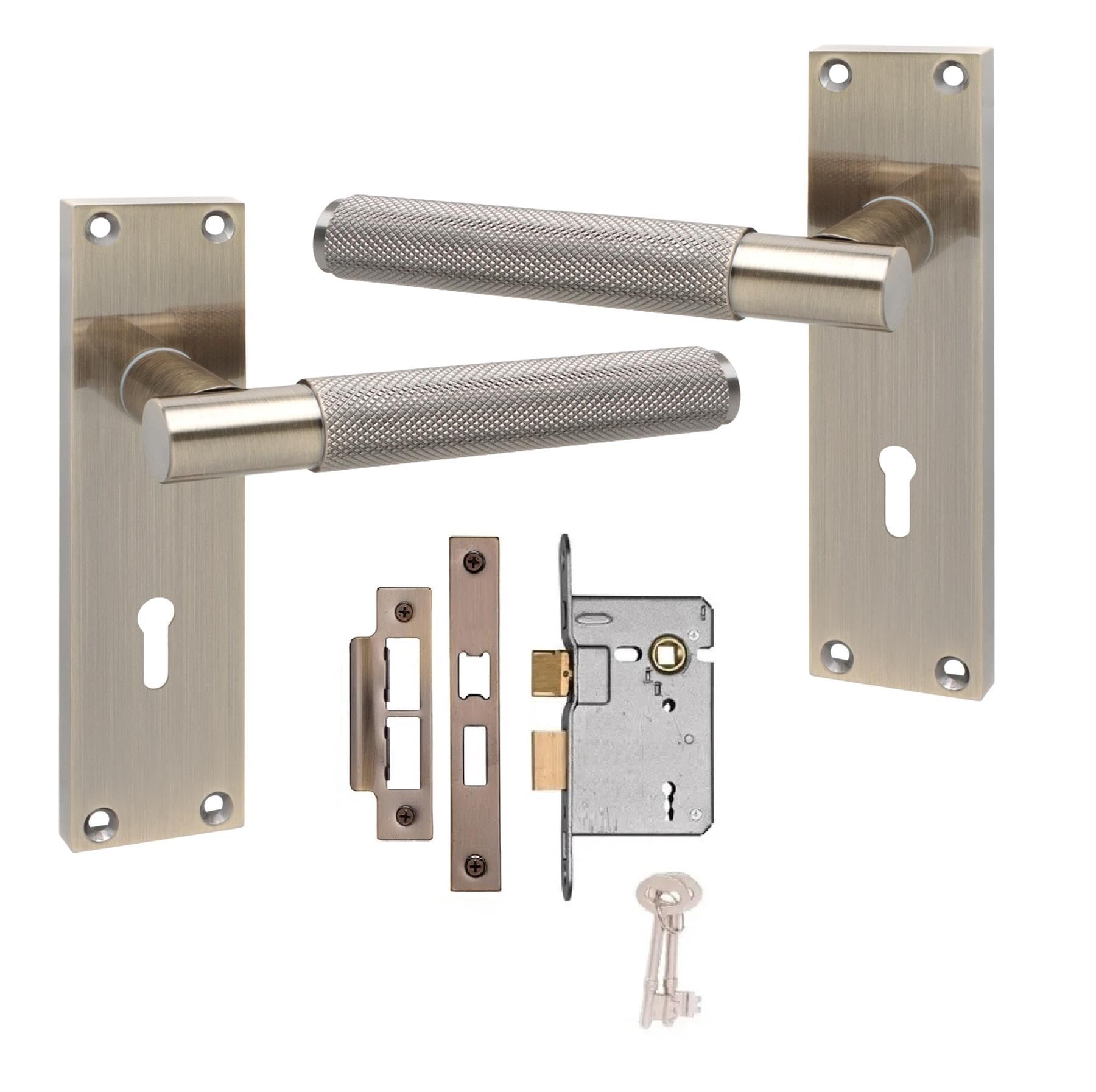 Golden Grace Victorian T-Bar Knurled Lock Handle with 2.5" 3 Lever Lock Antique Brass Finish 150mm x 40mm