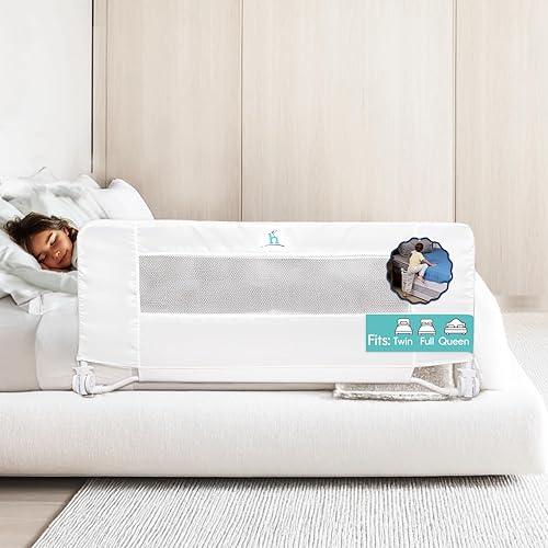 hiccapop Riel de cama extra largo de 57 x 19 pulgadas para niños pequeños, protector de riel de cama abatible resistente con cubierta de malla