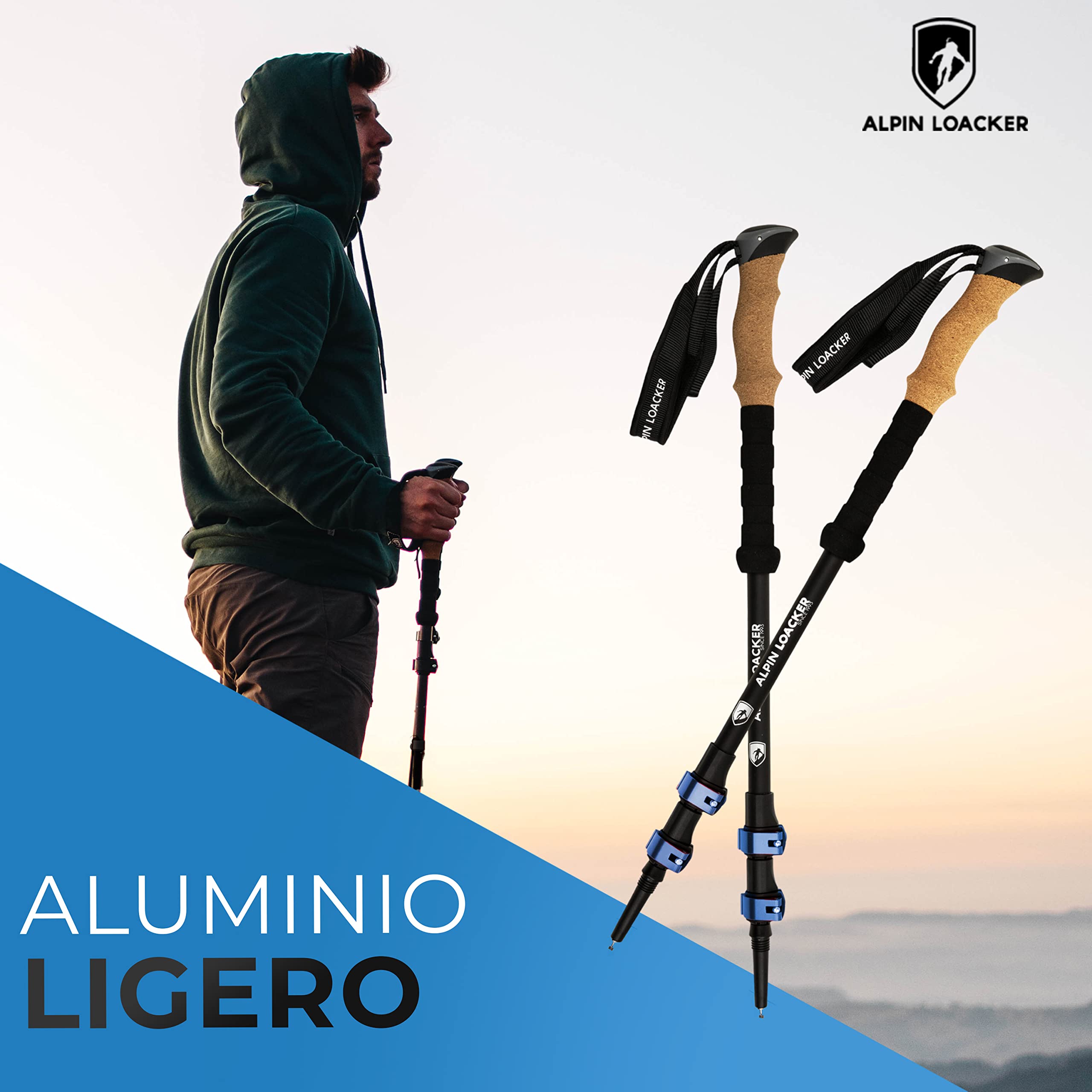 ALPIN LOACKER Bastones Trekking Telescopicos, Aluminio Ligero + Accesorios + Bolso | Palos Senderismo Extensible Altura Regulable: Poles Montaña, Nordic Walking, Trail Running Asfalto