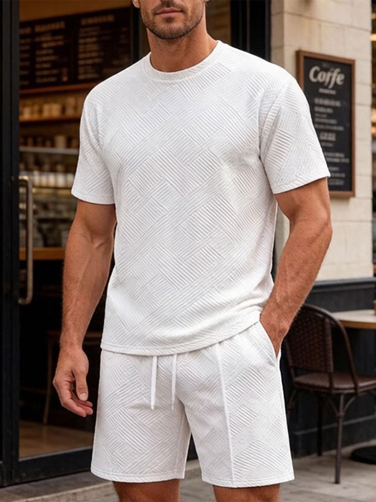Ropa Verano Hombre 2 Piezas Conjunto de Verano Hombre Jacquard Conjunto de Chándal de Manga Corta para Uso Diario y Vacaciones