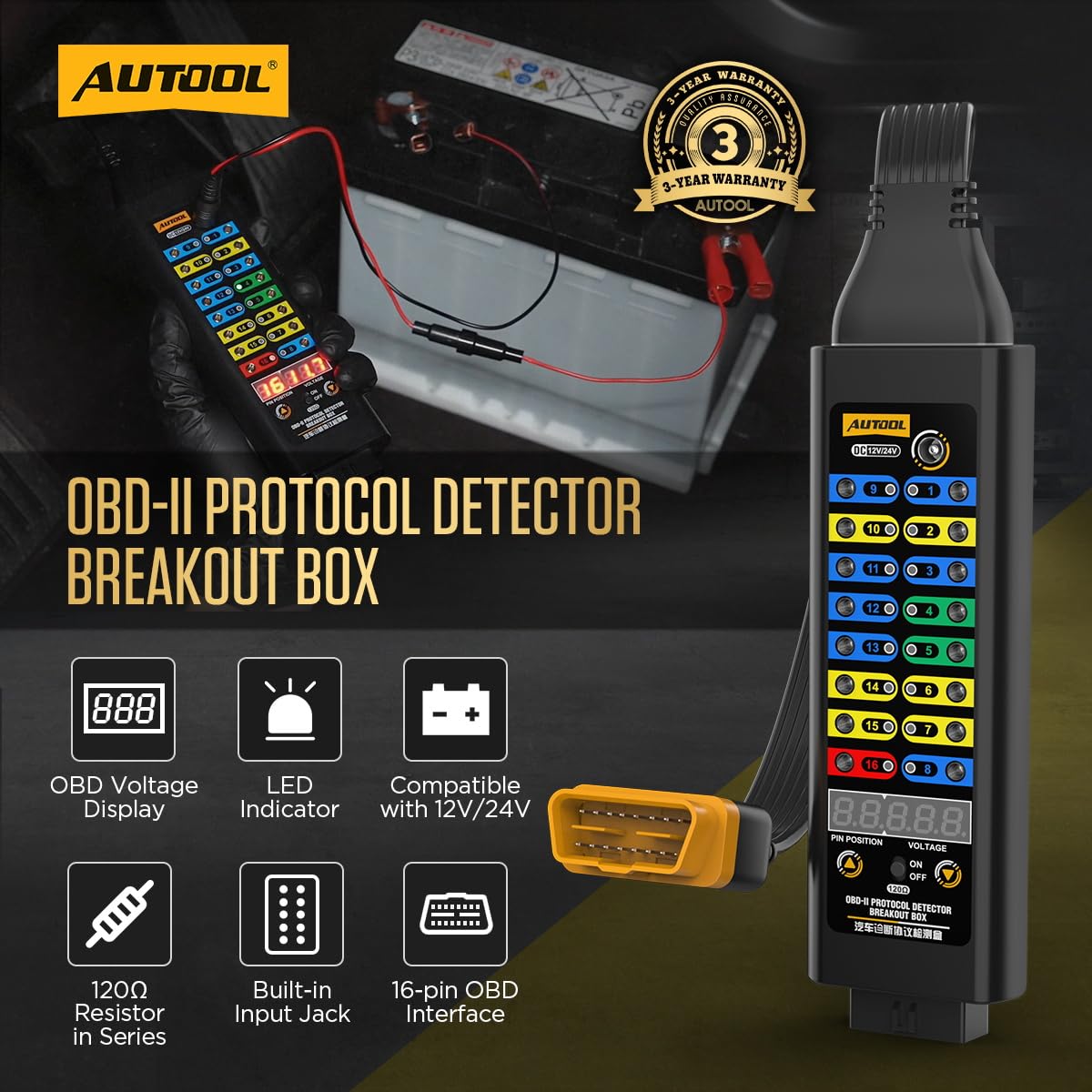 OBD2 Breakout Box samochodowy monitor protokołu OBDII, 16-pinowy detektor mocy CAN, do samochodów ciężarowych 12 V/24 V, benzyna i olej napędowy, detektor protokołu OBDII do wszystkich pojazdów OBDII
