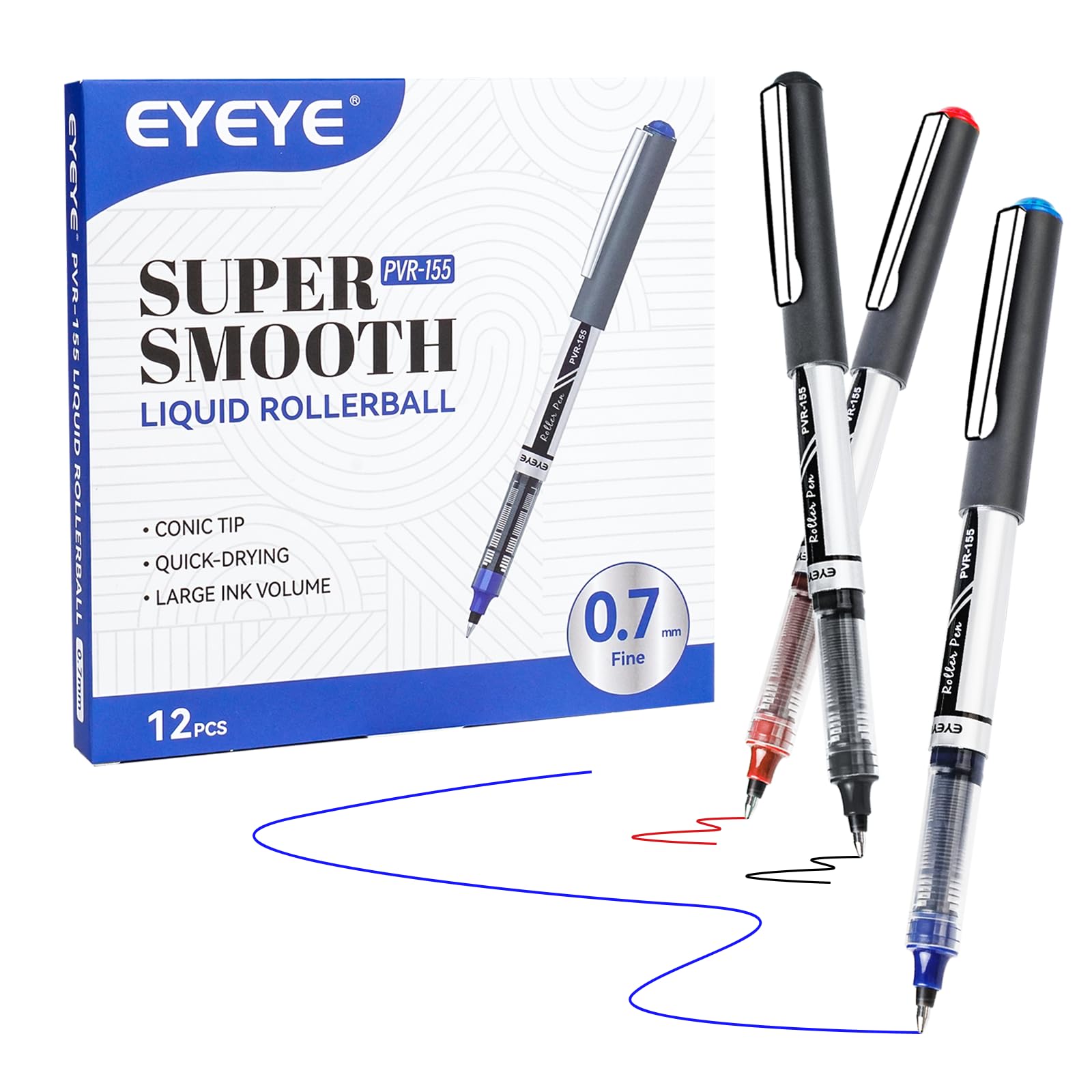 EYEYE Liquid Ink Rollerball Pens 0.7mm, Medium Point Roller Ball Pen 12 Pack 3 Colors Quick Dry, Ink Pens Fine Point Smooth Writing Pen for Journaling, Note Taking, Office, School Supplies