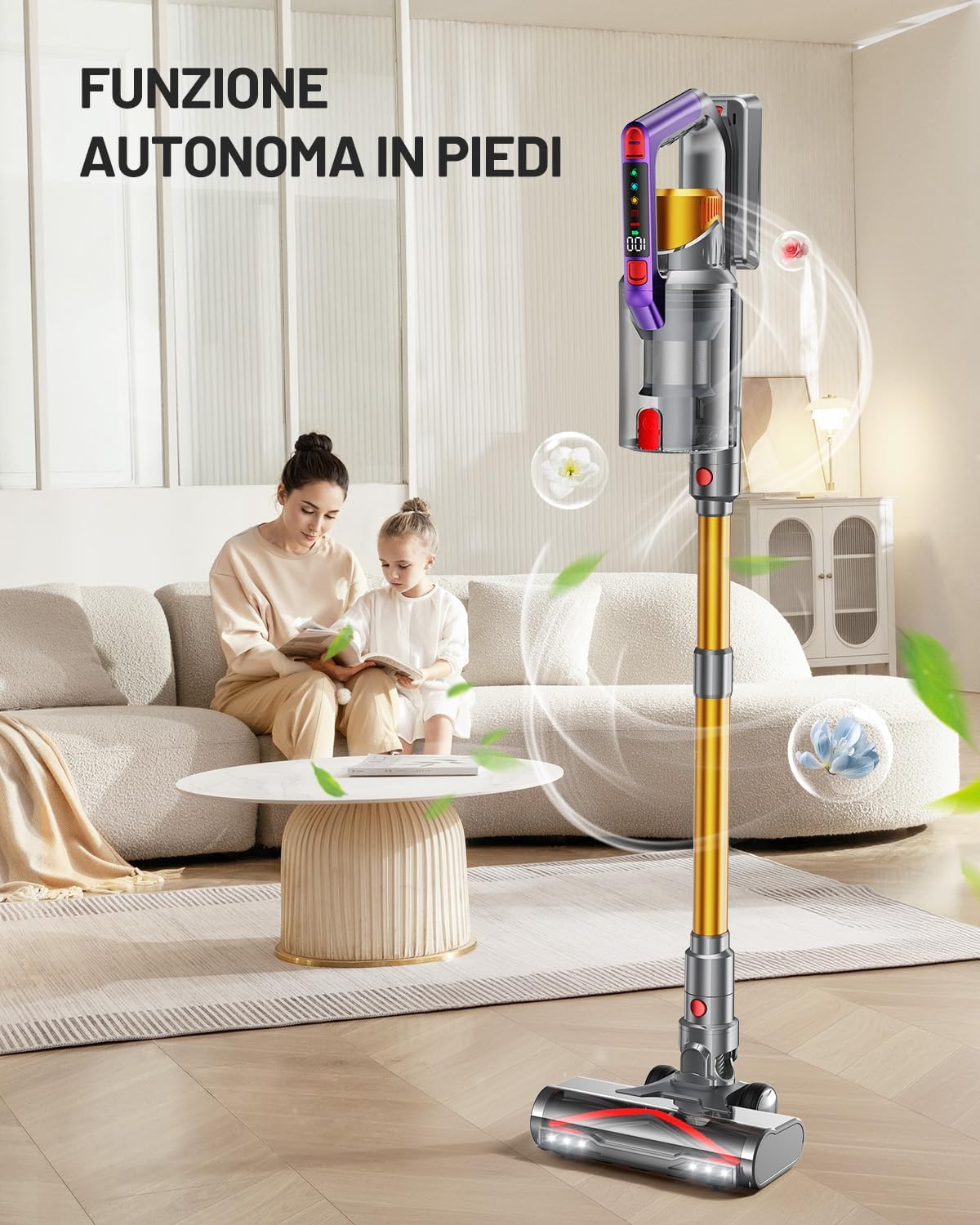 Aspirapolvere Senza Fili, 600W/48KPA 75 Mins,Scopa Elettrica Senza Fili a Doppia Impugnatura, Aspirapolvere Verticale Antigroviglio con Display a LED, Altamente Adatto per Tappeti/Pavimenti/Capelli