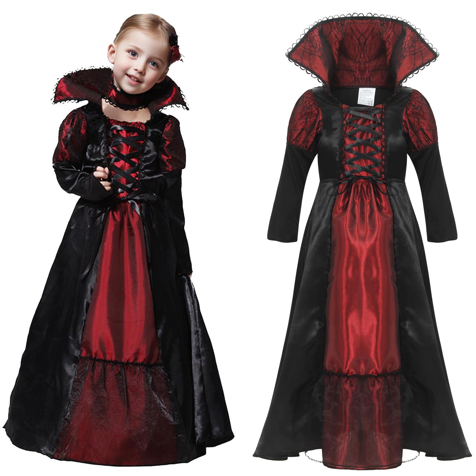 Clundoo Kids Halloween Vampire Costume, Girls Gothic Vampiress Costume Princess, Vampiress Queen Dress Up Party (M)