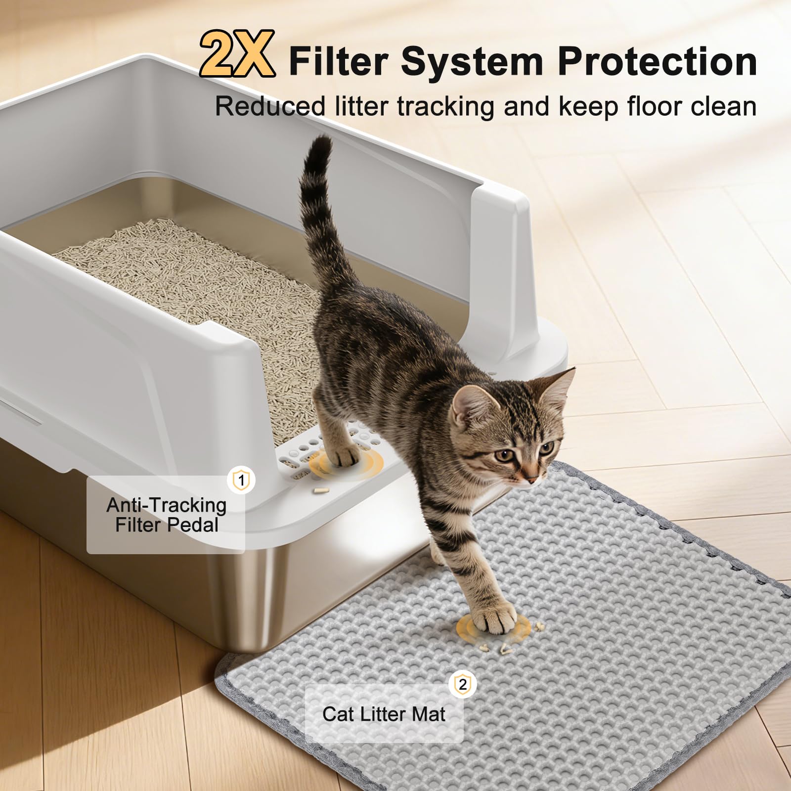 FURTIME Stainless Steel Cat Litter Box with Lid, Metal Kitty Litter Box for Small Cats, Kitten Litter Boxs with Scoop and Mat, Non-Sticky, Anti-Leakage, Easy to Clean, 17.4"x13.4"x8.4" (Small)