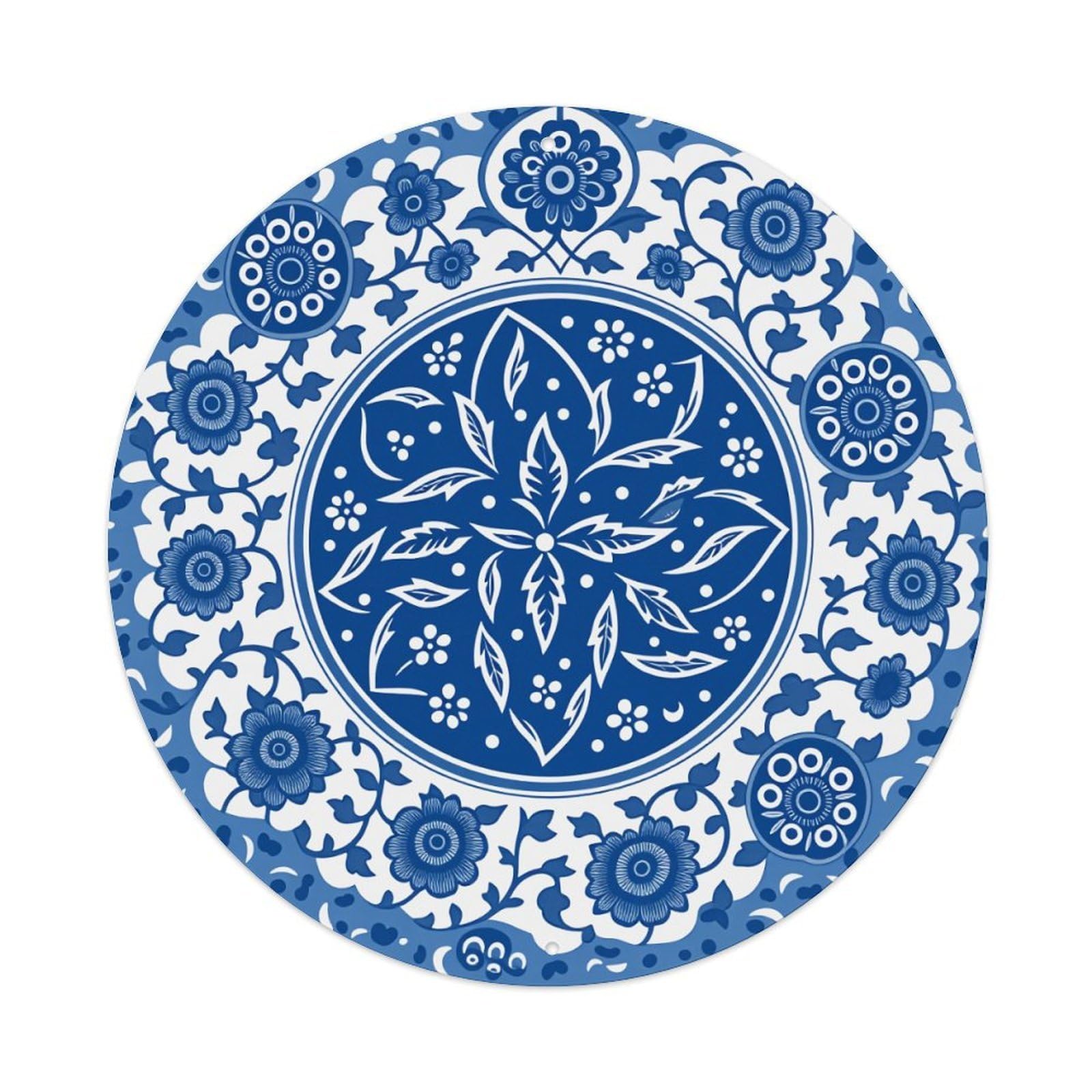 Blue And White Floral Mandala Pattern With Circular Motifs Round Vintage Tin Sign,Retro Wall Art,Metal Poster for Home, Bar, Garage, Cafe, Rustic Indoor & Outdoor Decor, 8x8 Inches