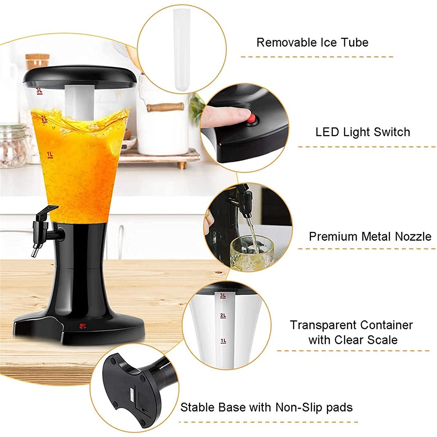 Dispensador de Cerveza Torre De Cerveza De 3 litros, Dispensador De Bebidas De Tiro Frío con Luces LED Extraíbles, Tubo De Hielo For Fiestas, Bar En Casa, Bar, Fiesta En Casa