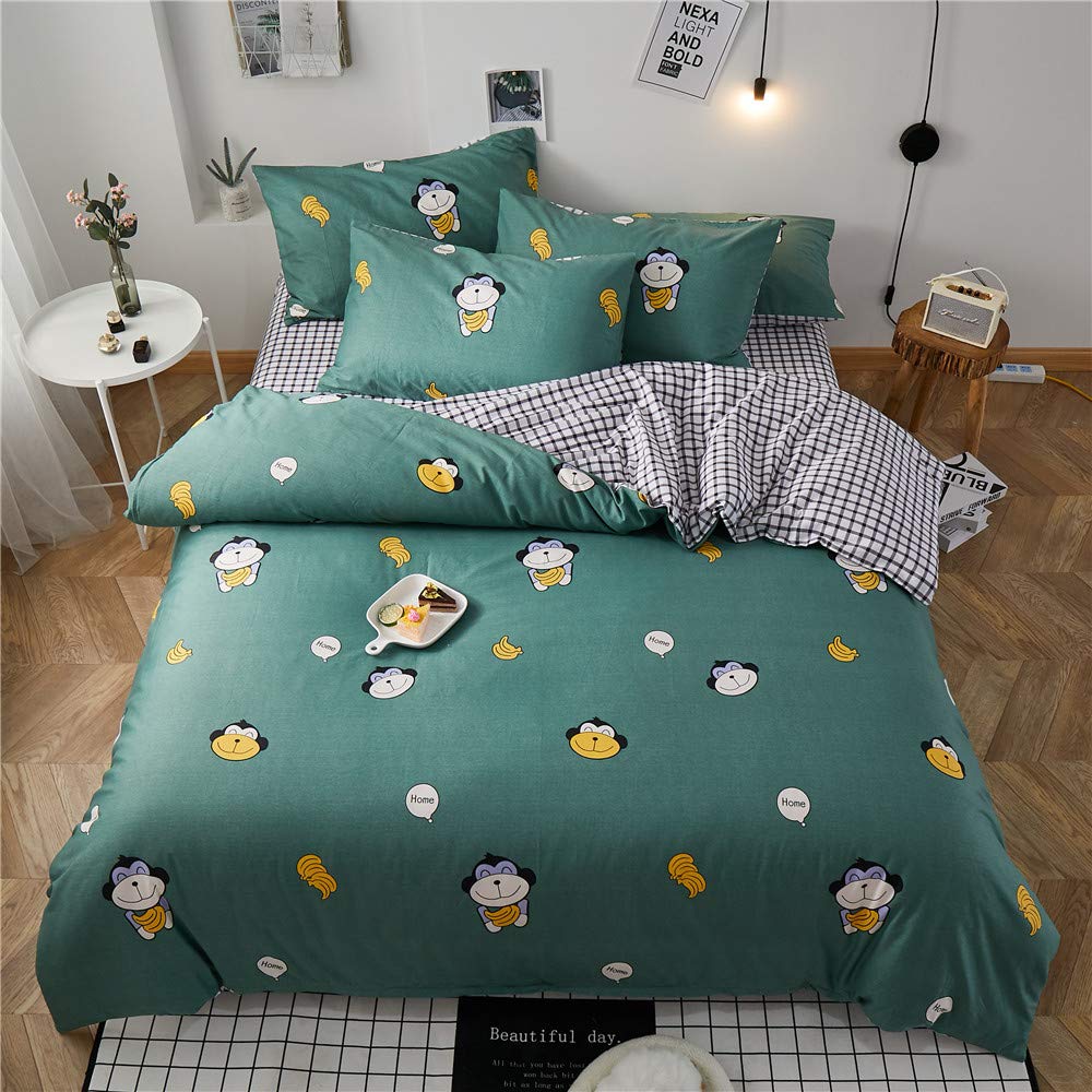 Monkey Queen Size Bedding Sets Plaid Teens Comforter Cover Queen Premium Cotton Boys Full Size Duvet Cover with 4 Corner Ties Geometric Kids Bedding Sets Fade Resistant Quilt Cover Green, No Comforter