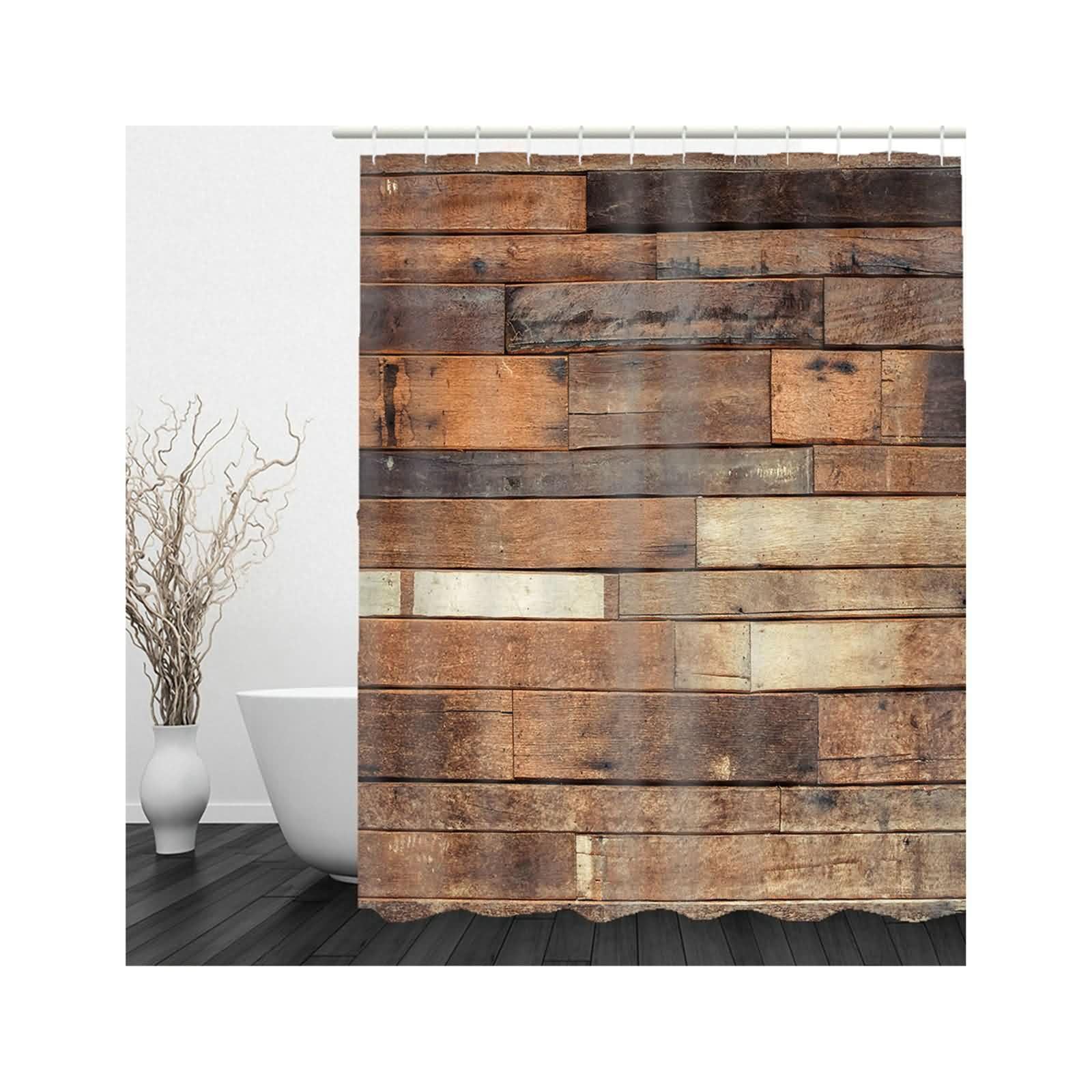Rideau de douche textile marron pour créer une ambiance bistrot dans votre salle de bain