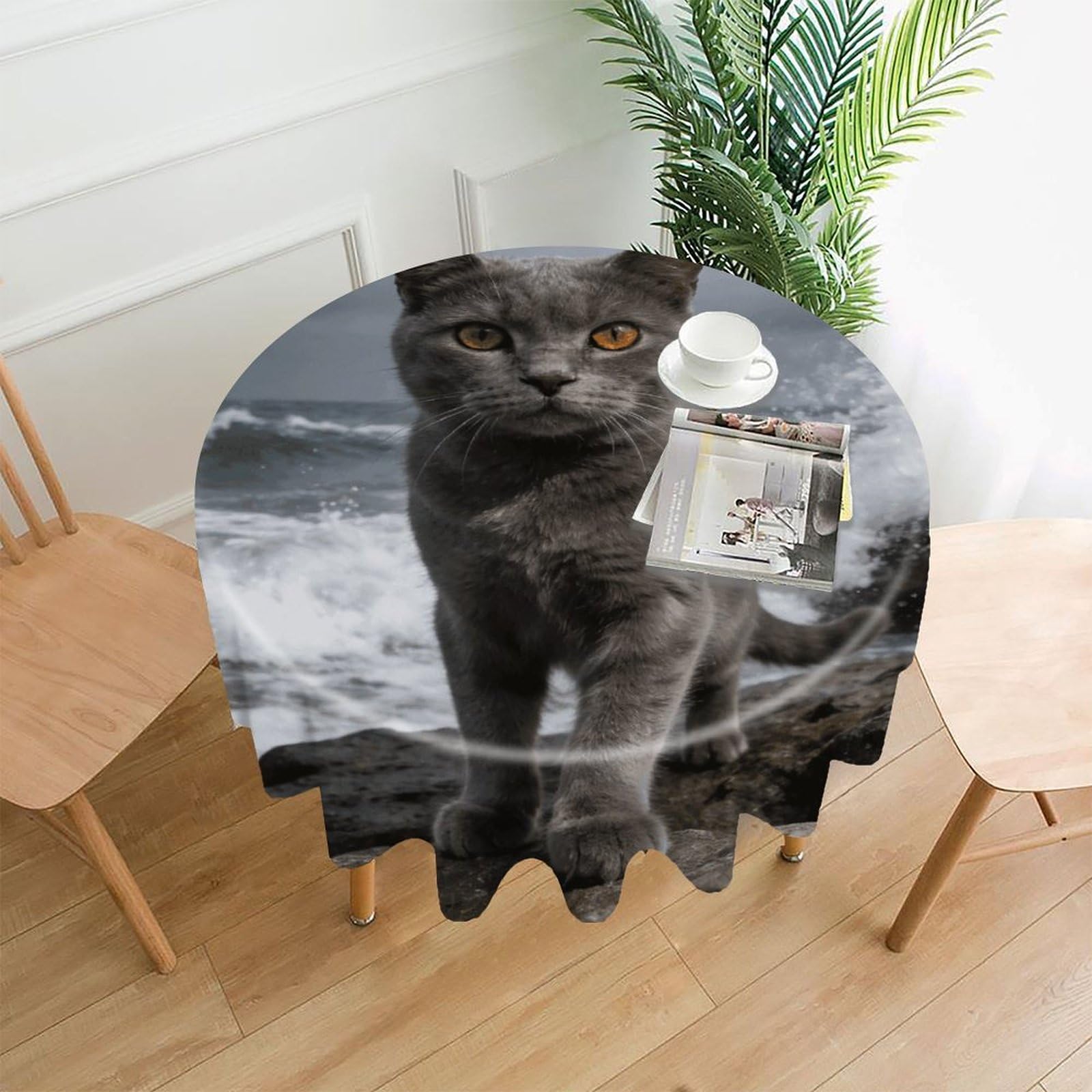 LZQPOEAS Waves, Cats Tablecloth Easy to Clean Polyester Round Table Cover Washable Round Table Cloth Wrinkle-Free Circle Decoration Tablecloth for Kitchen and Dining Room 60"