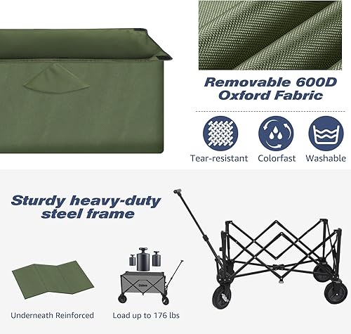 Miniatura 6 de Chihee Carro plegable de playa, carrito de jardín resistente con 2 portavasos, carrito de campamento para ruedas cardán con sistema de frenado, tela