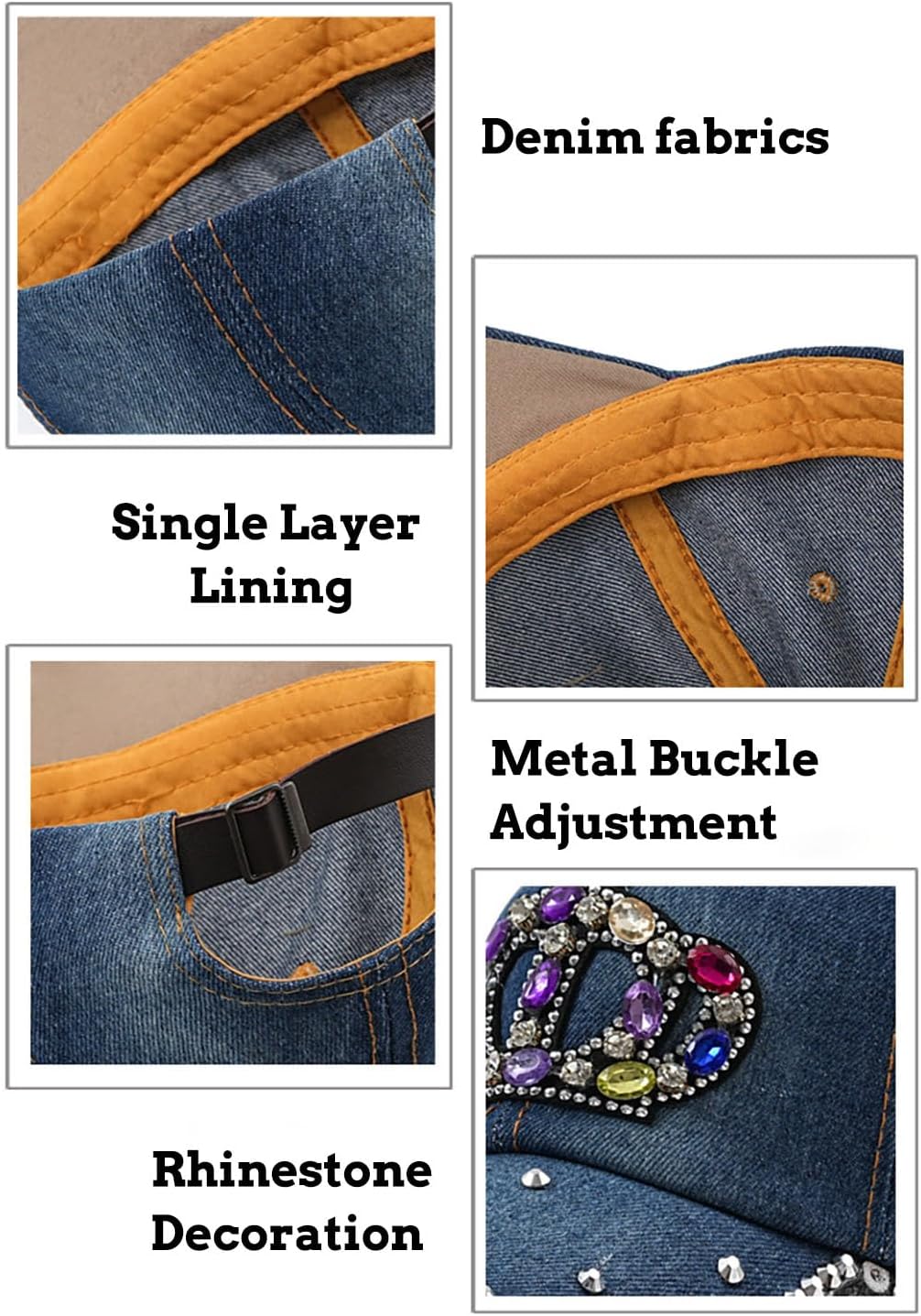 Denim Baseball Cap Rhinestone Sun Visor Hats Adjustable Shiny Bling Jeans Hat for Women Men - Image 5