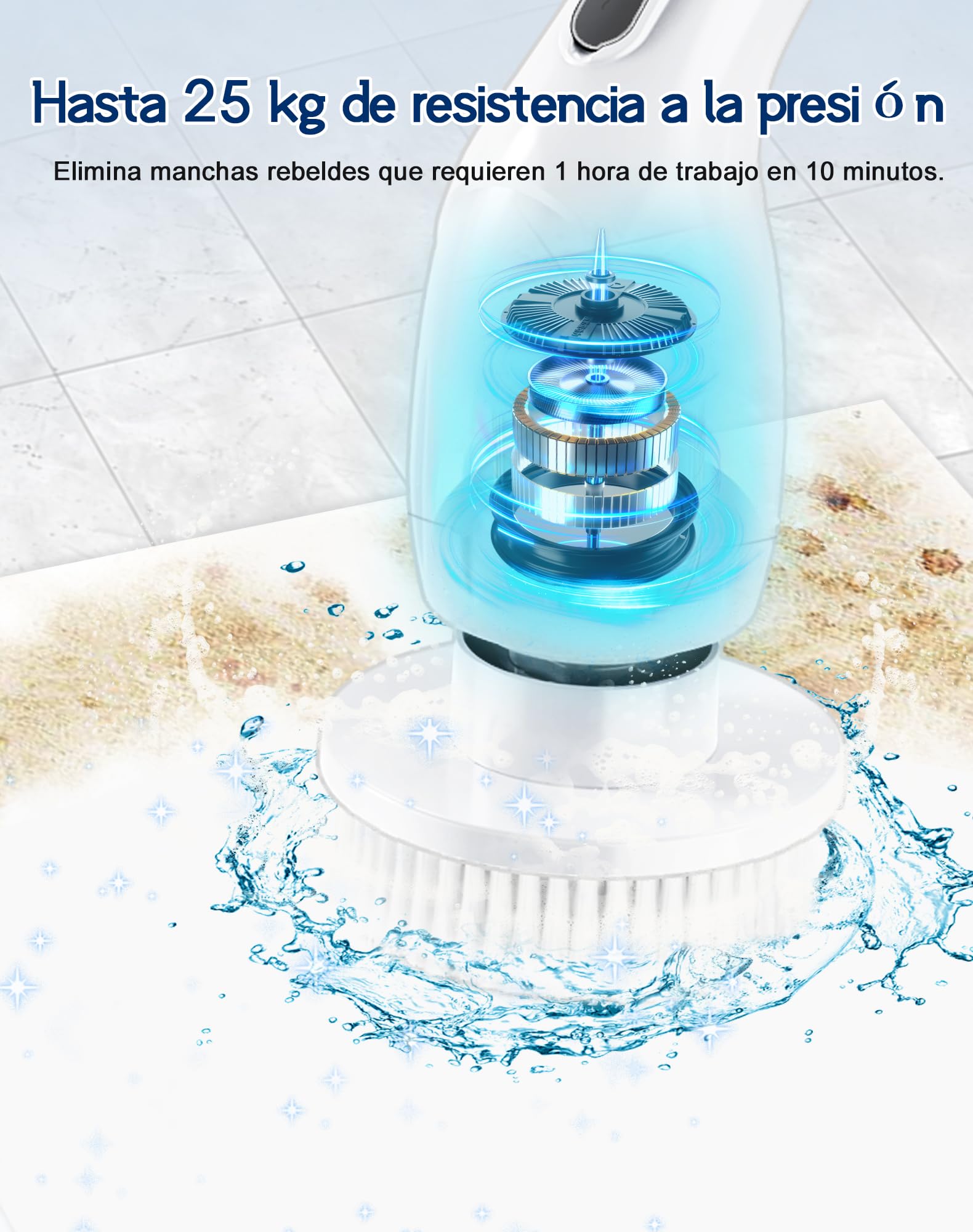 Cepillo Electrico Limpieza Hogar con 4 Cabezales Intercambiables, 2 Velocidades, Cepillo Giratorio Recargable con 2500 mAh Batería, IPX7 Impermeable, Mango Telescópico para Baño, Cocina, Suelos
