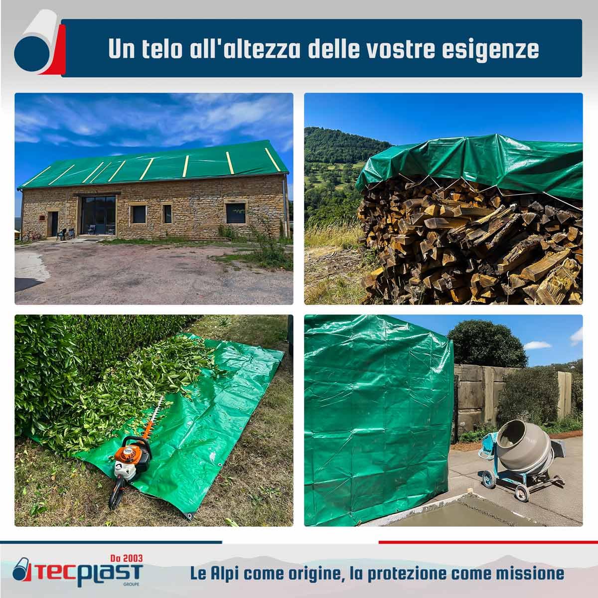 Telo Impermeabile 4x5 m - TECPLAST - HQ250MU - Verde e Marrone - Alte Prestazioni - Telone occhiellato per esterno