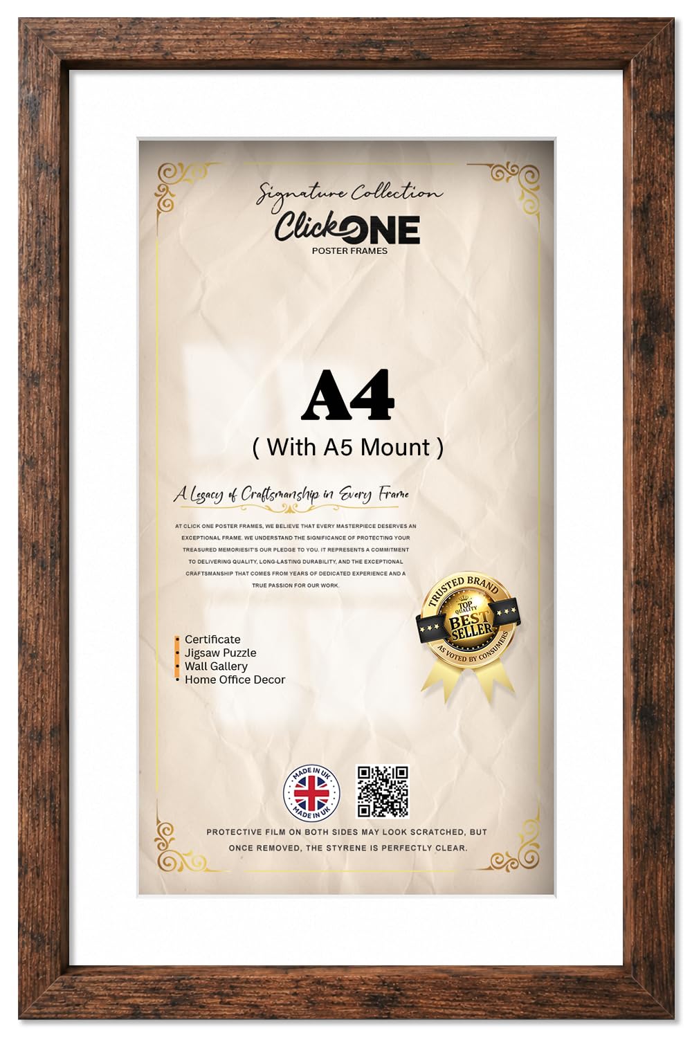 Click One — Stylish A4 (21.00 X 29.70 cm) Poster Frame With A5 (14.80 X 21.00 cm) White Mount | Vertical And Horizontal Photo And Painting Display For Home Décor Or Art Exhibit 11 X 8 Inch Rustic
