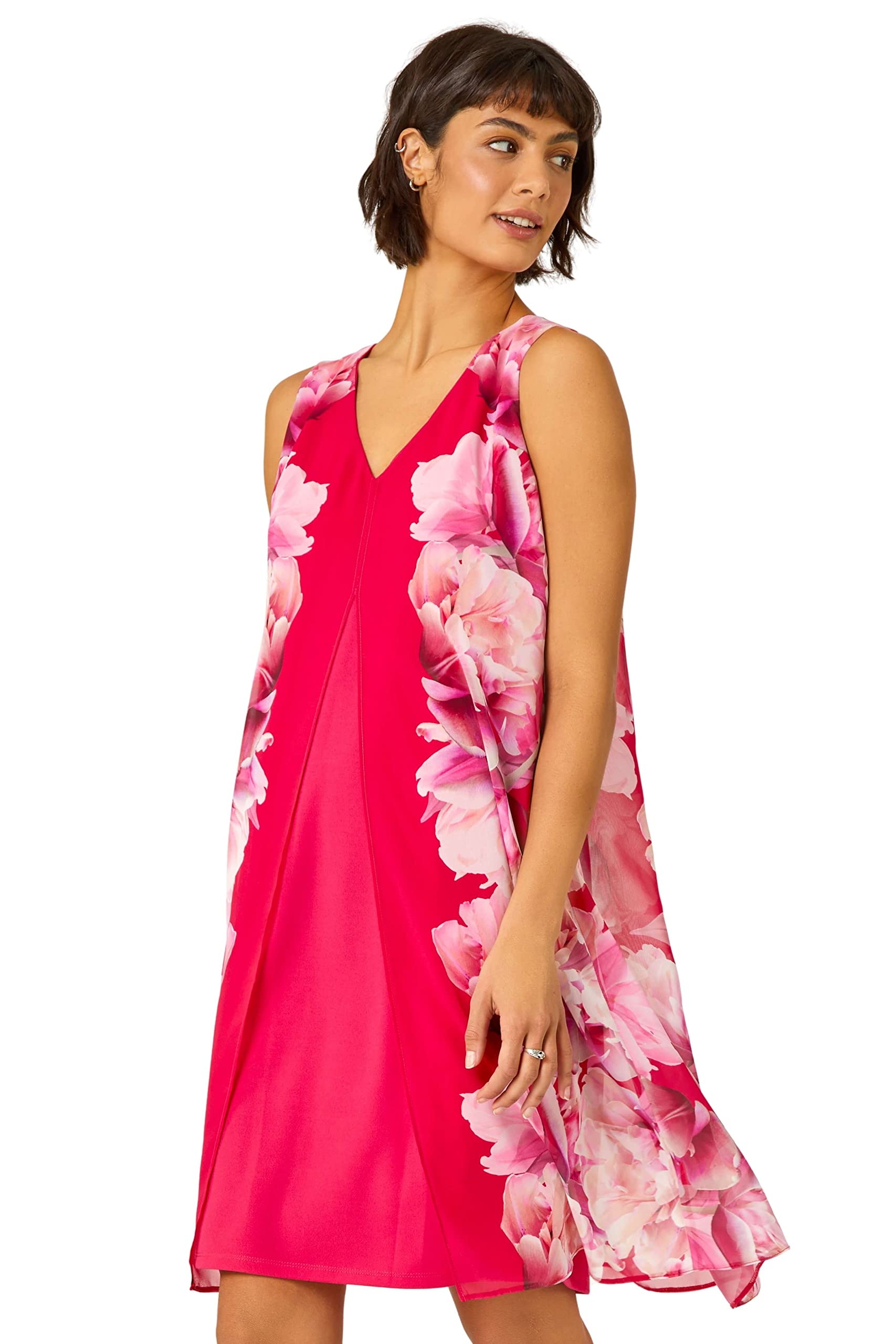 Roman Originals Women's Pink Sleeveless Floral Chiffon Overlay Dress For Uk - Everyday Holiday Spring Summer V Neckline Comfy Soft Evening Vacation Work Party - Size 12