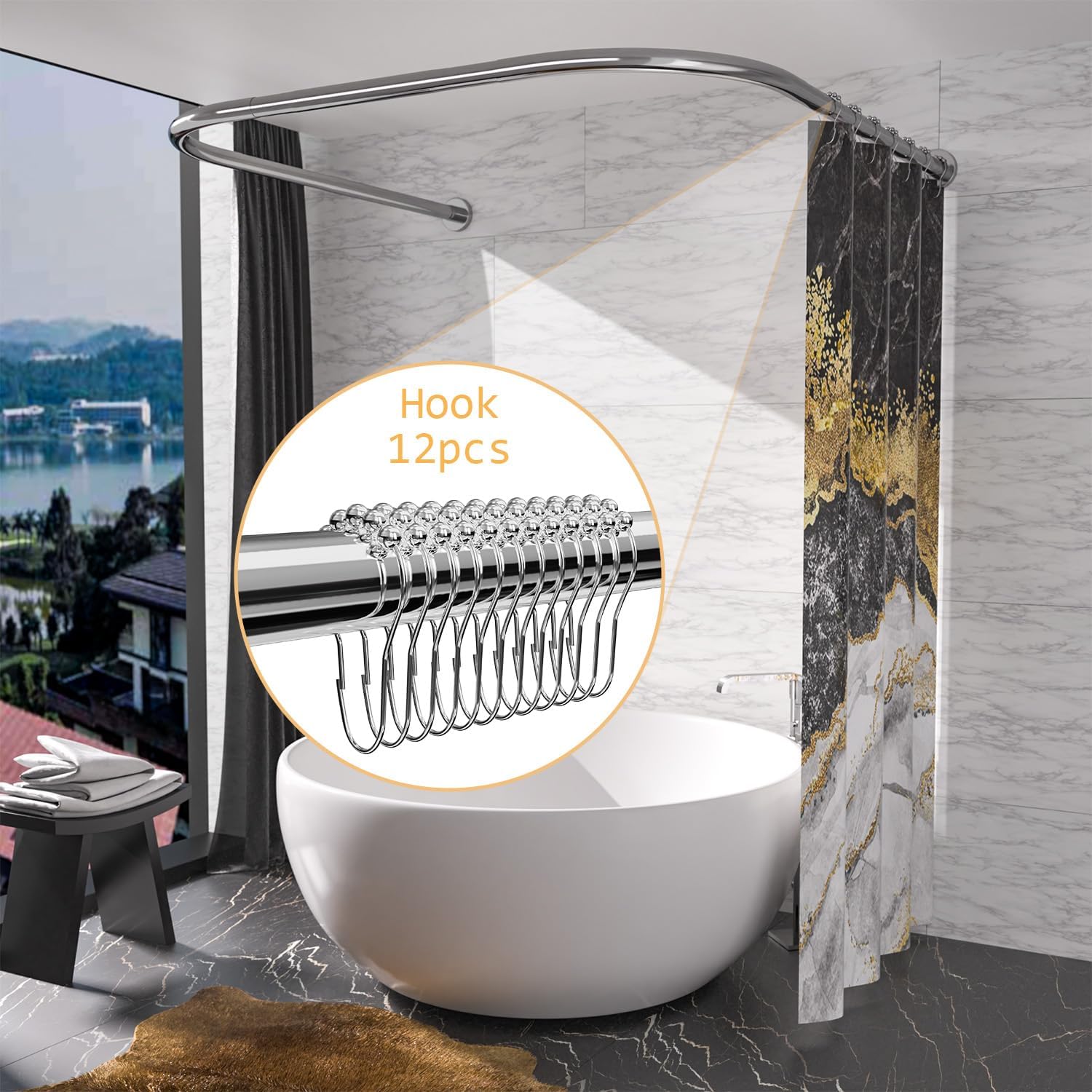 U Shaped Shower Curtain Rod (Both sides: 31.5"-47", Middle: 34.7"-43") Adjustable Genuine 304 Stainless Bathroom Bathtub Shower Curtain Rod Rack with 12 Shower Curtain Rings - Silver
