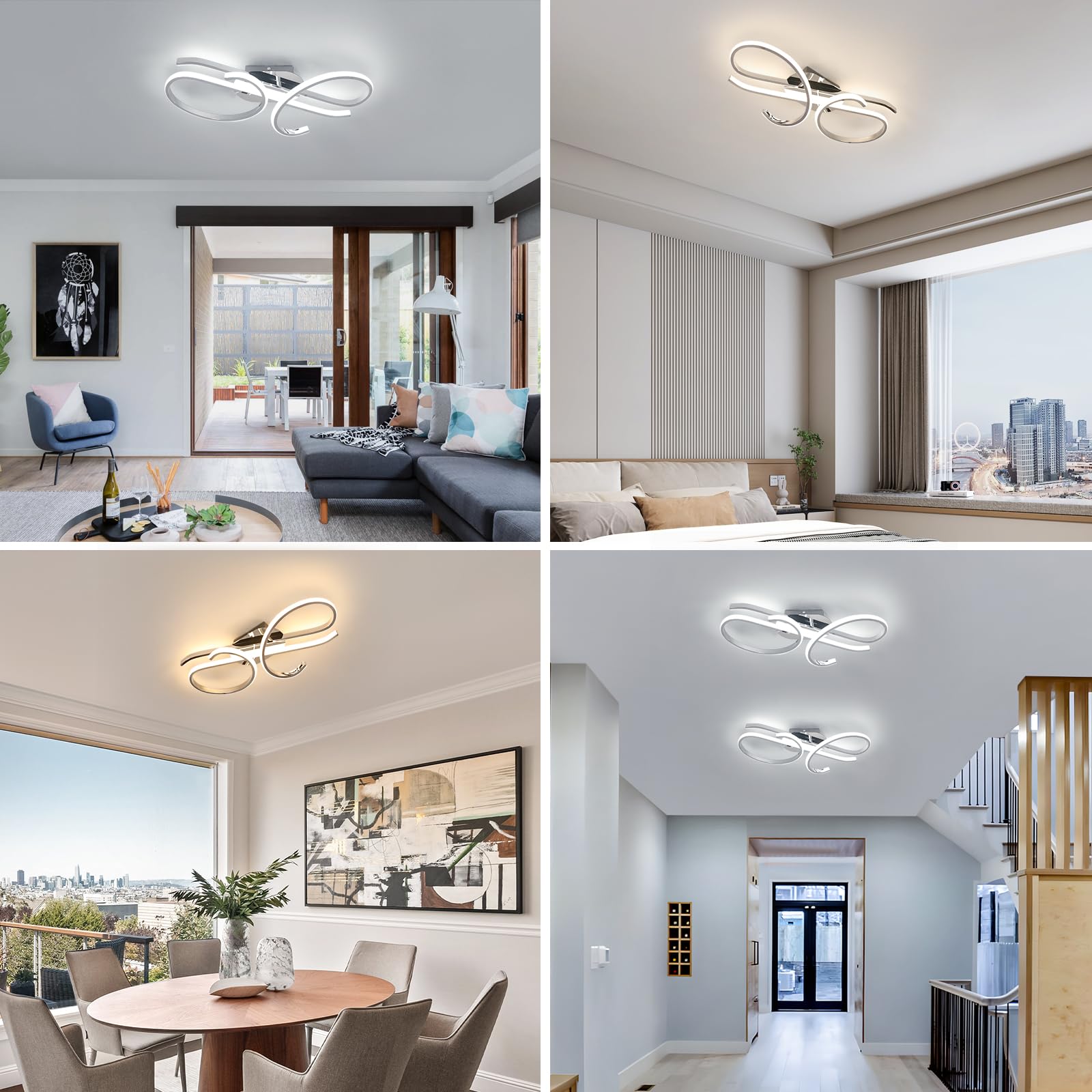DELIPOP Plafoniera LED Soffitto Dimmerabile, 30W Lampadario Soffitto Moderno con Telecomando 3000K-6500K, Cromato Plafoniera Design Curvo Musicale per Camera da Letto, Soggiorno, Ingresso & Hotel