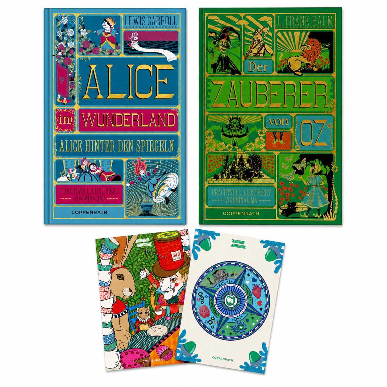 Alice im Wunderland: Alice hinter den Spiegeln & Der Zauberer von Oz Buchset - Abenteuer & Fantasy Schmuckausgabe für Kinder - Hochwertiges Bundle illustriert von MinaLima mit 2 exklusiven Postkarten