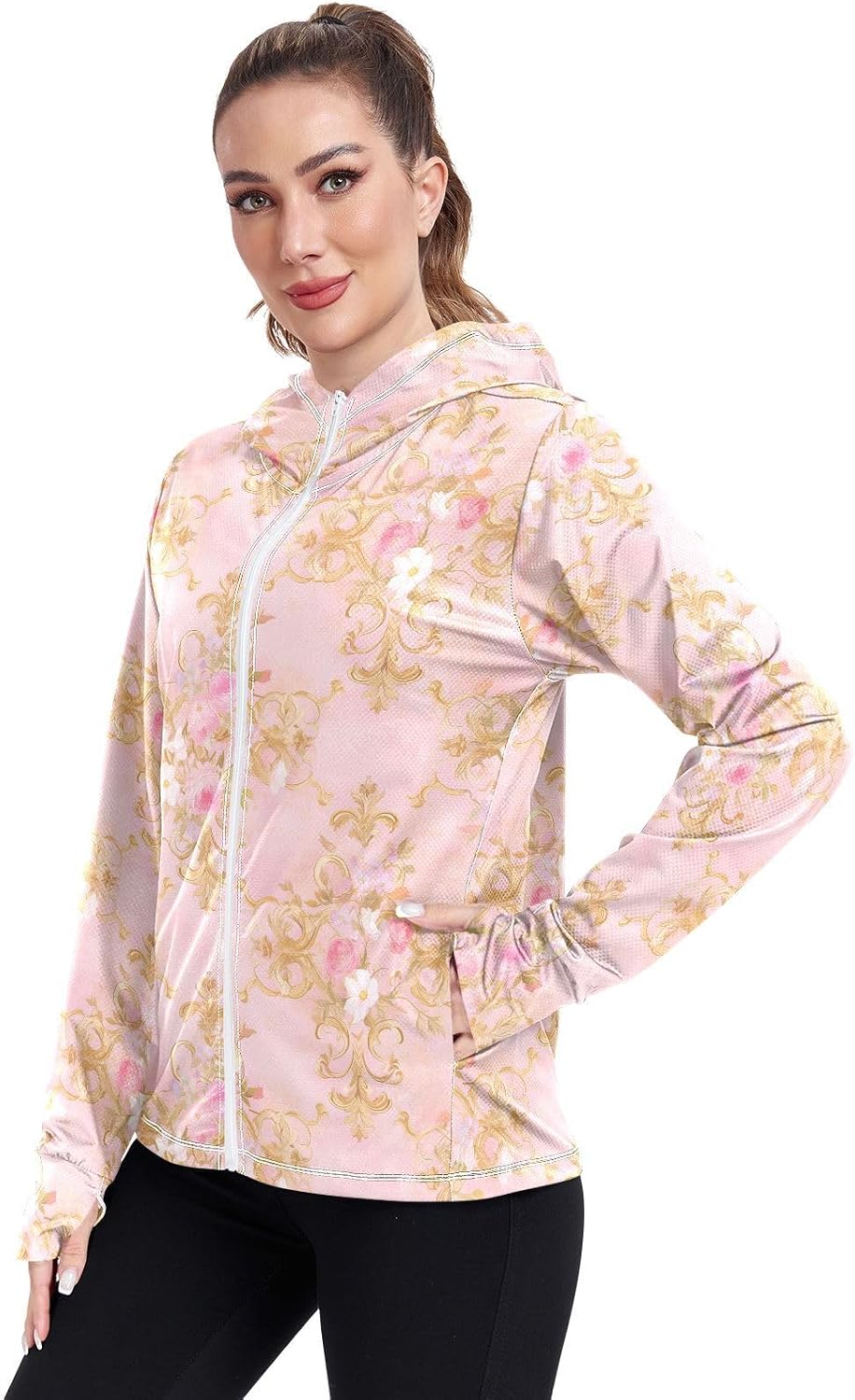 Rose Gold Valentine Rose Zip Up Hoodies for Women with Thumb Holes Athletic Shirts UPF 50+ Protection Plain Sweatshirt Women Jacket Hiking Outdoor Performance Chaquetas para Verano de Mujer