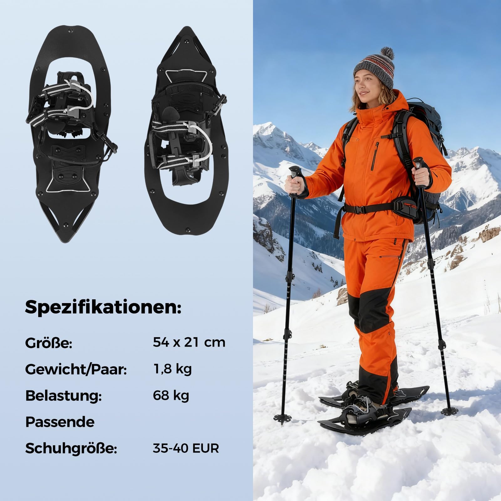 COSTWAY Rakiety śnieżne ze wspomaganiem pokonywania wzniesień, rozmiar buta 35-45 do 68/90 kg, lekkie rakiety śnieżne z aluminium z kijkami trekkingowymi i torbą do noszenia dla mężczyzn, kobiet i