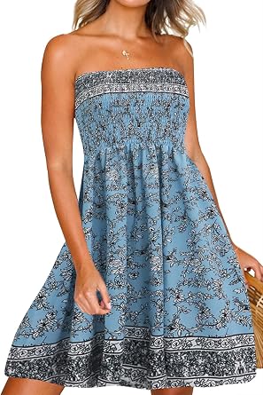 Tube Top Dress Boho Floral Summer Beach Csual Sun Dresses Strapless Dress for Women Red S