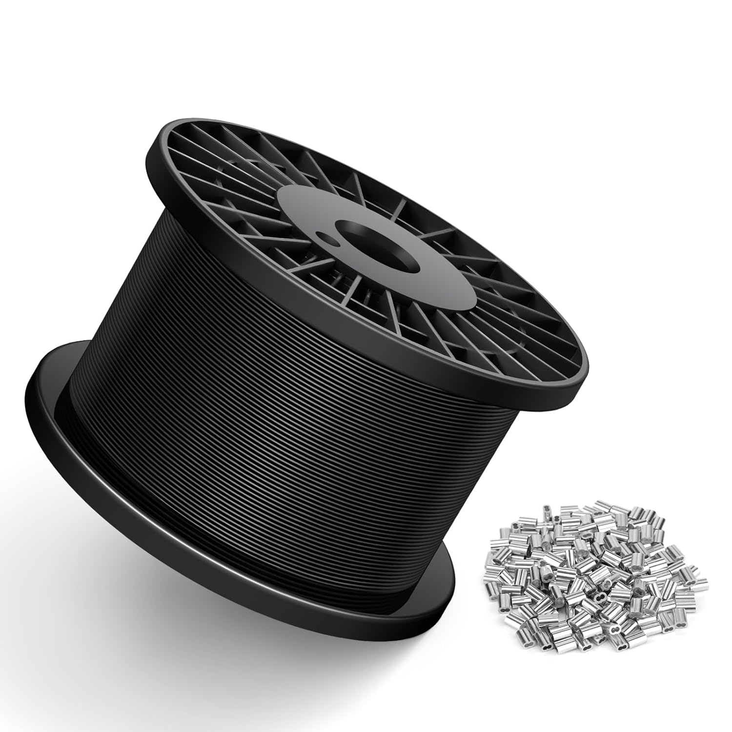 Black Vinyl Coated Wire Rope 1/16", 600FT 304 Stainless Steel Cable with 250PCS Aluminum Crimping Loop Sleeves for String Light Cable, Clotheslines, Trellis and Light Picuture Hanging
