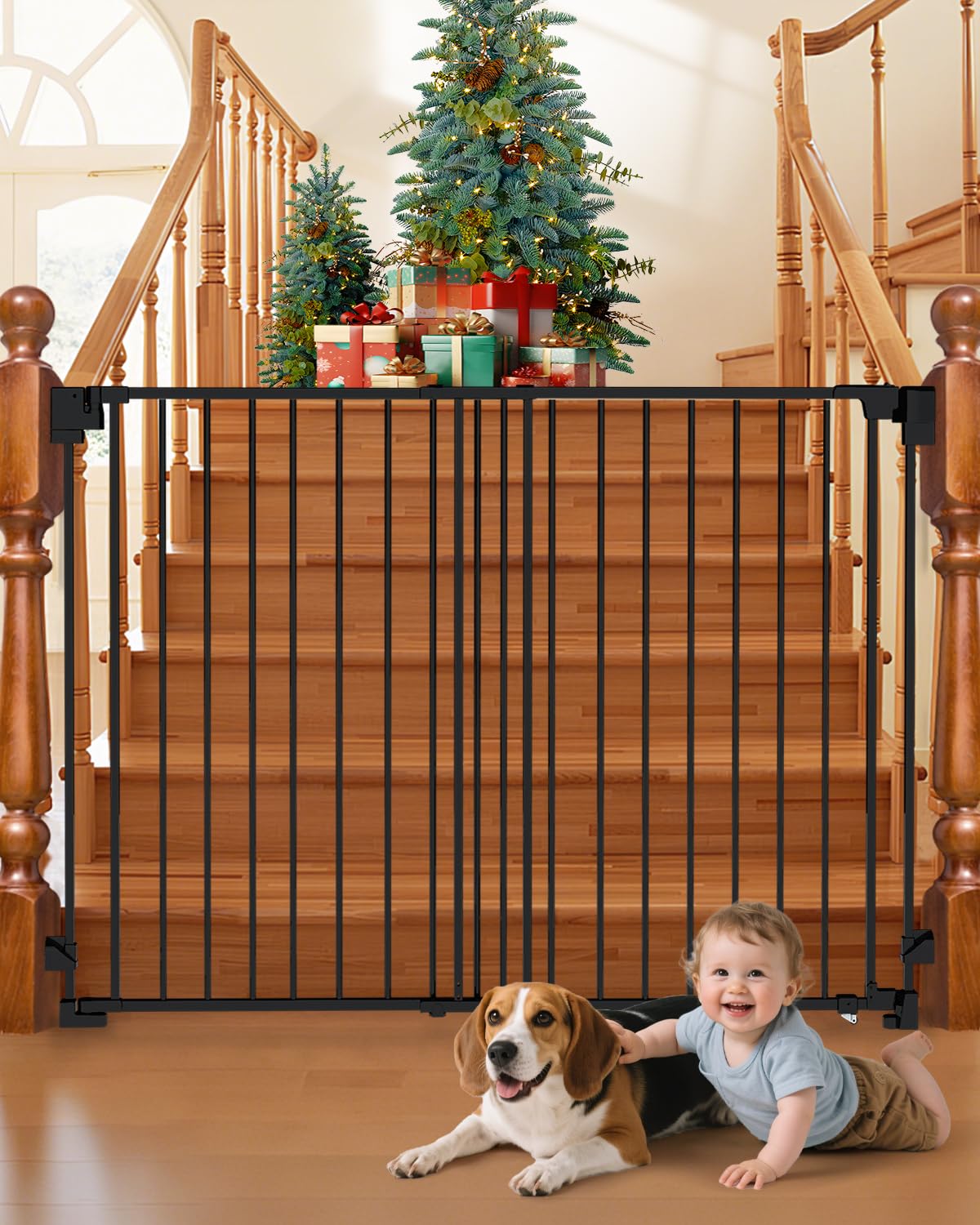 35-55" No Bottom Bar Baby Gates for Stairs, 39" Extra Tall Child Safety Gate with Auto Close Large Walk Thru Door, Hardware Mount Dog Gate Pet Gate