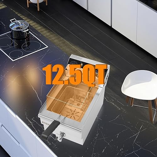 Miniatura 5 de ROVSUN Freidora eléctrica de 12.5 cuartos de galón con canasta, temporizador, drenaje y tapa, freidora de aceite comercial de acero inoxidable de un