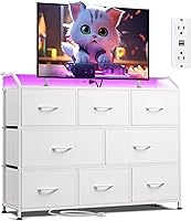 WLIVE 8-Drawer LED Dresser TV Stand with Lights & USB Power Outlet - White Fabric Chest for Bedroom, Living Room
