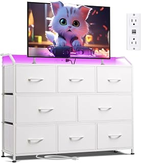WLIVE 8-Drawer LED Dresser TV Stand with Lights & USB Power Outlet - White Fabric Chest for Bedroom, Living Room