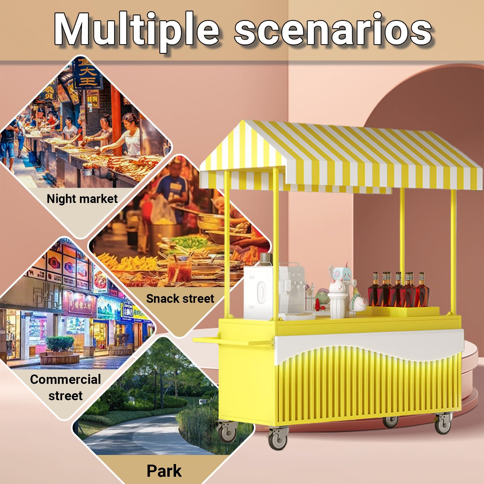 Tragbarer Verkaufswagen mit Dach, mobiler Food-Stand mit abschließbaren Rädern, Präsentationswagen für Snacks, Süßigkeiten und Spielzeug auf Märkten oder Events