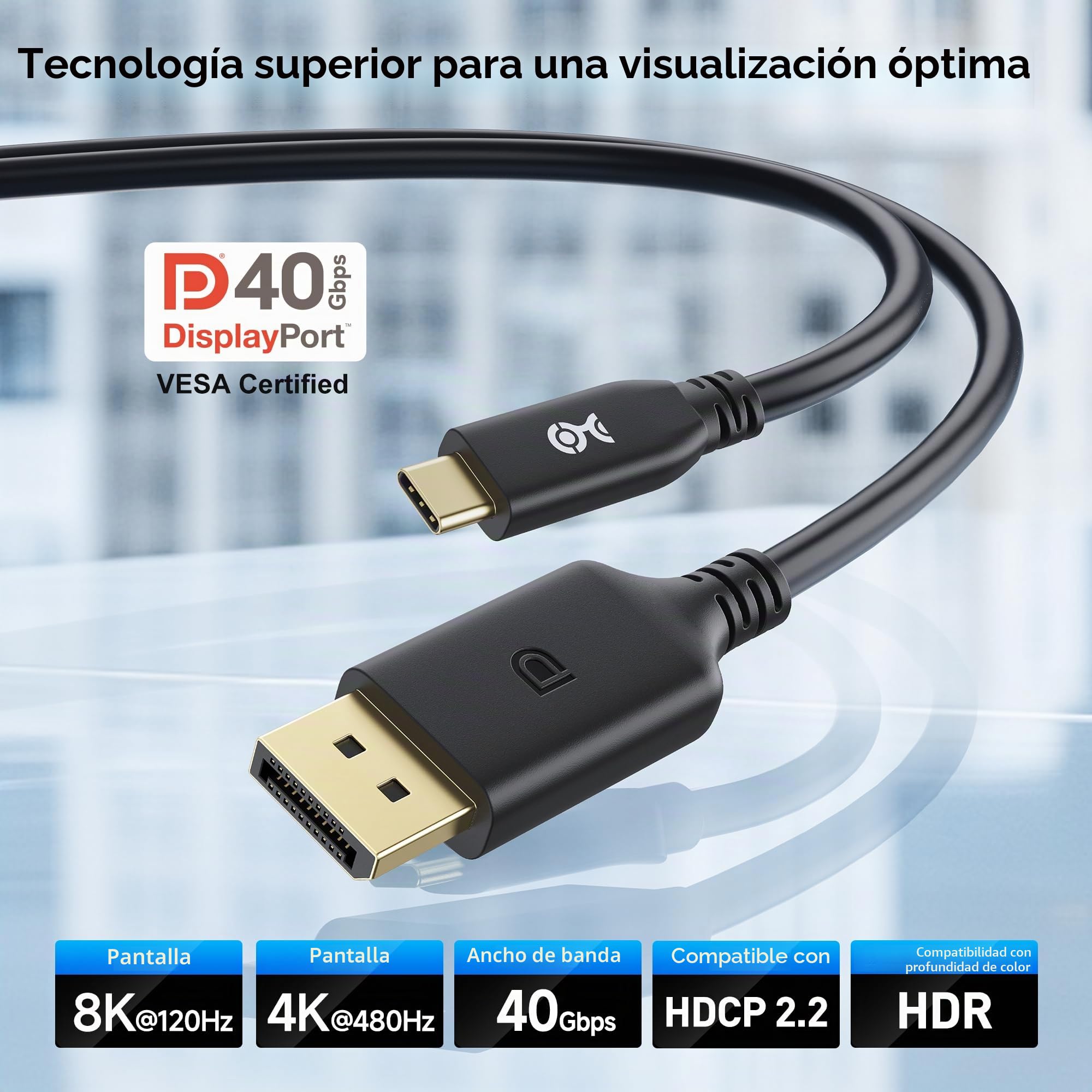 Cable Matters [Certificado VESA] 40Gbps Cable USB-C a, 2m, Negro | 8K@120Hz / 4K@480Hz, cable Thunderbolt 4 a DisplayPort DP40, negro; no compatible con monitores USB-C portátiles