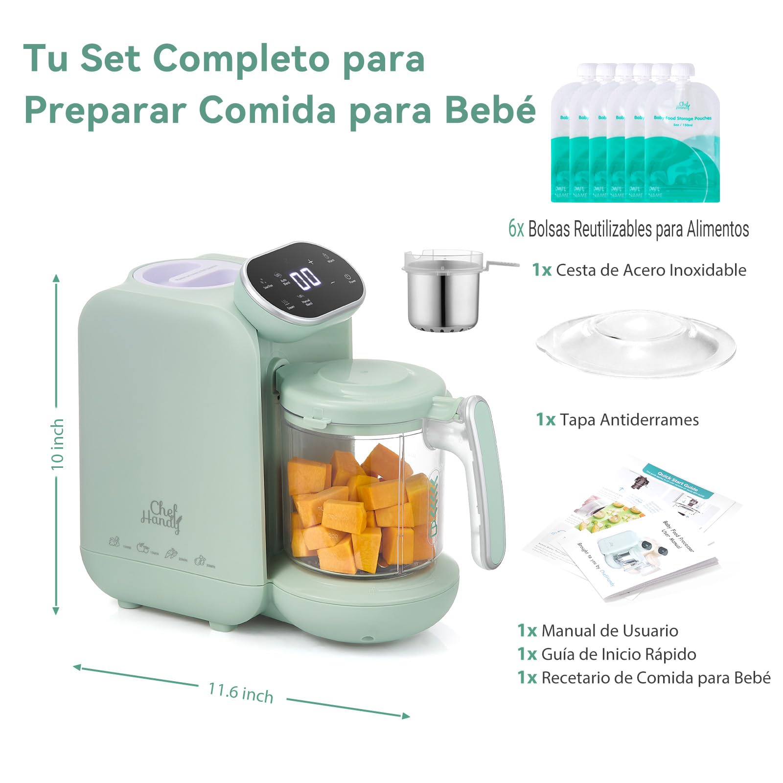 Chefhandy Procesador de Alimentos Bebé, Robot de Cocina Bebe para 5 en 1, Licuadora Bebe con Calentador de Leche, Mezcla Automática y Manual, multifuncional para todas las etapas del bebé (Verde)